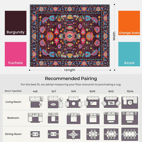 8x10 Area Rugs Living Room Washable Non Slip Low Pile Oushak Vintage Stain Resistant Soft Large Oriental Rugs for Bedroom, Dining Room, Kitchen, Indoor Leisure Rooms, Nova Burgundy Fuchsia Orange Soda