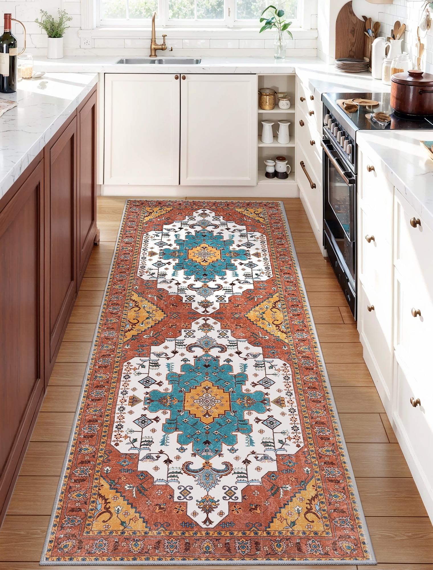 SERISSA Washable Rugs 8x10 Area Rugs, Large Non-Slip Boho Living Room Rust Rug, Ultra Soft Vintage Print Distressed Oriental Tribal Farmhouse Carpet for Dining Room Bedroom Dorm Office Home Decor