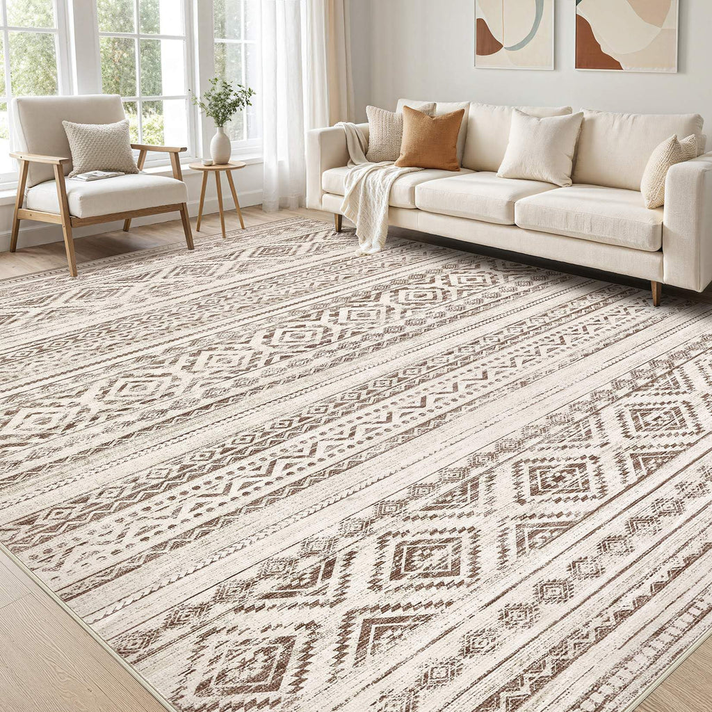 cotiled 5x7 Area Rug Living Room: Washable Boho Rugs with Non Slip Backing Large Soft Indoor Stain Resistant Carpet for Bedroom Farmhouse Dining Room Lightweight Home Decor L Brown/Cream
