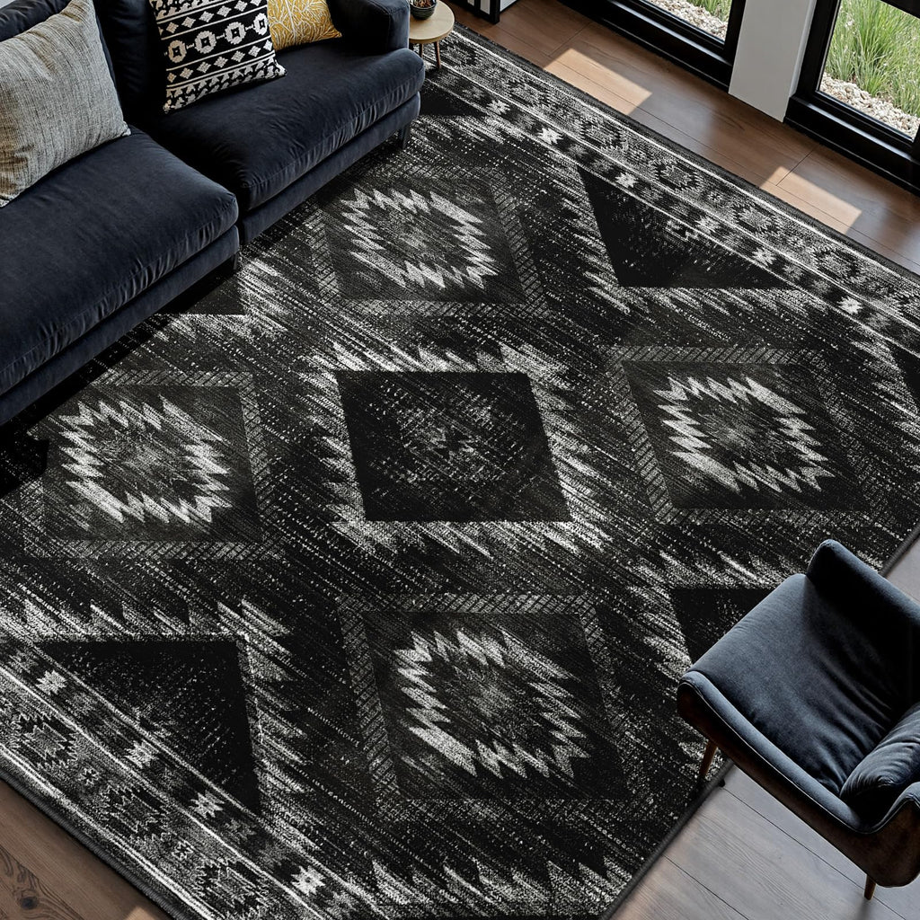 BESTSWEETIE Area Rug 5x7 Rug Machine Washable Non-Slip Low Pile Print Pattern Western Rug for Living Room Bedroom Entryway Tribal Series -Black