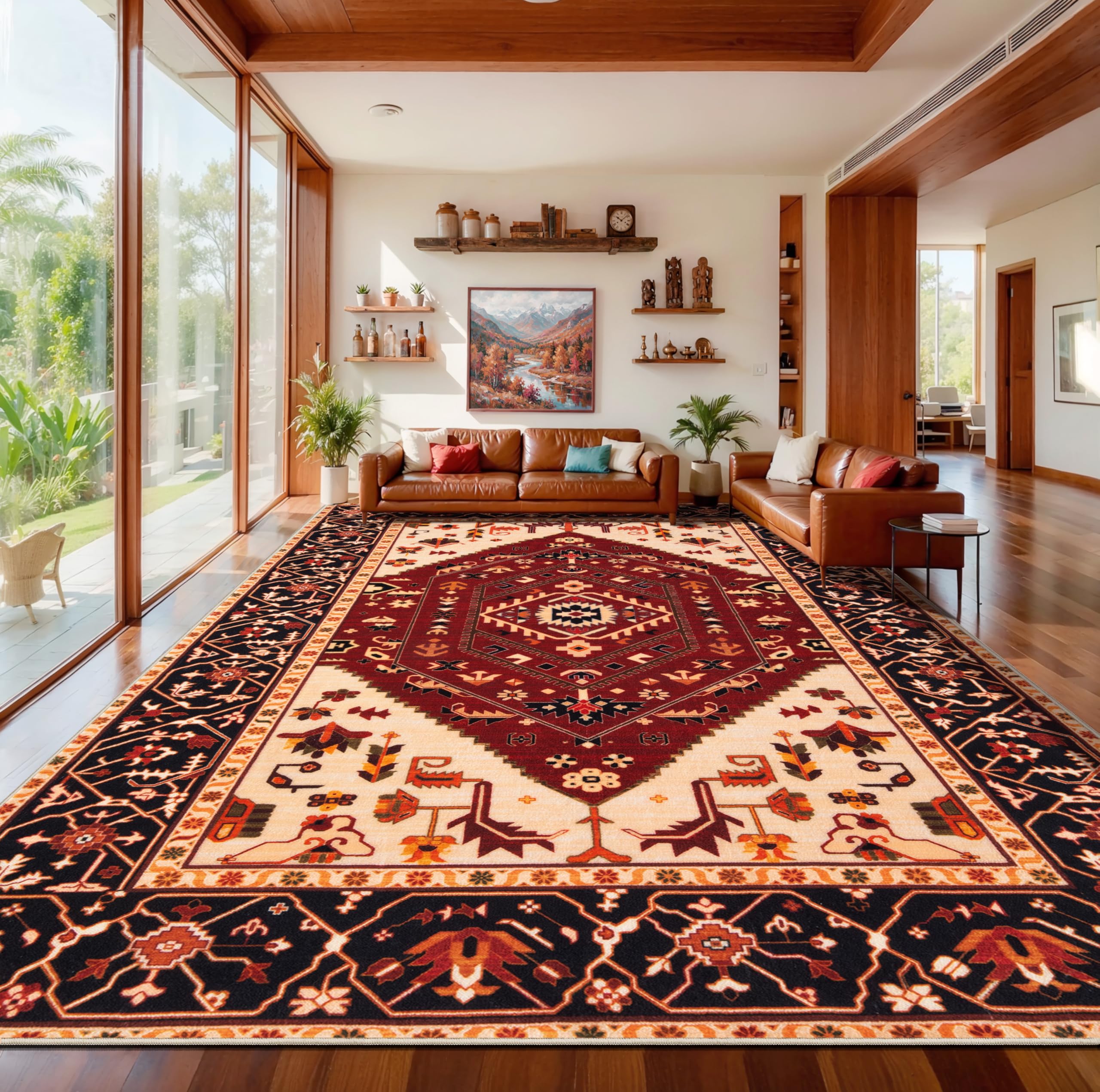 SERISSA Washable Rugs 8x10 Area Rugs, Large Non-Slip Boho Living Room Rust Rug, Ultra Soft Vintage Print Distressed Oriental Tribal Farmhouse Carpet for Dining Room Bedroom Dorm Office Home Decor