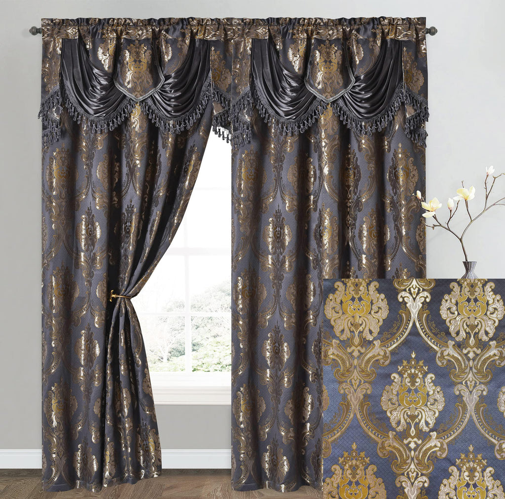 GOHD Luxe Love. Jacquard Window Curtain Panel Drape with Attached Fancy Valance. 2pcs Set (Sand, 84" Drop x 54" Wide with 18" Valance x 2pcs)