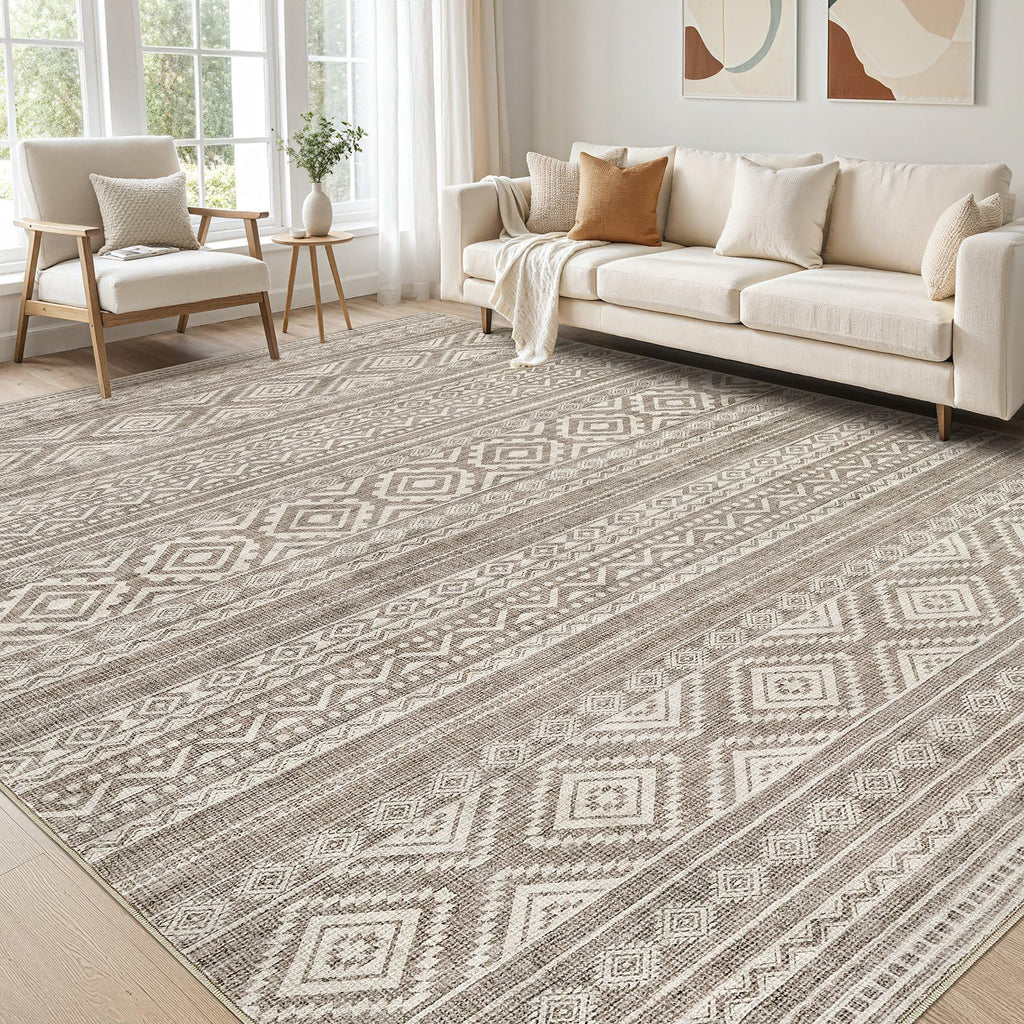 cotiled 5x7 Area Rug Living Room: Washable Boho Rugs with Non Slip Backing Large Soft Indoor Stain Resistant Carpet for Bedroom Farmhouse Dining Room Lightweight Home Decor L Brown/Cream
