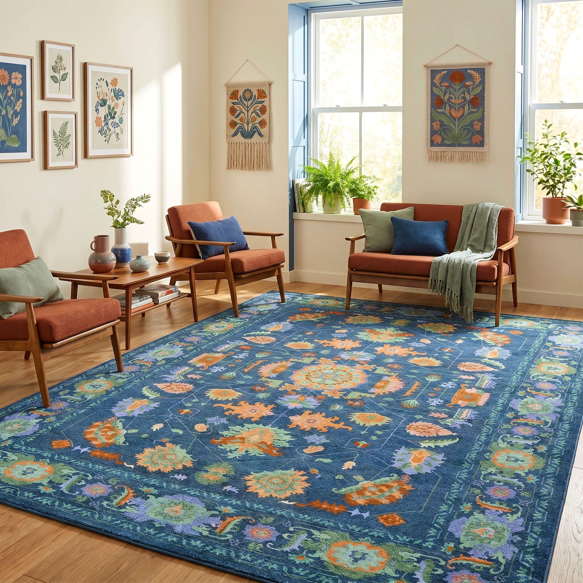 8x10 Area Rugs Living Room Washable Non Slip Low Pile Oushak Vintage Stain Resistant Soft Large Oriental Rugs for Bedroom, Dining Room, Kitchen, Indoor Leisure Rooms, Nova Burgundy Fuchsia Orange Soda