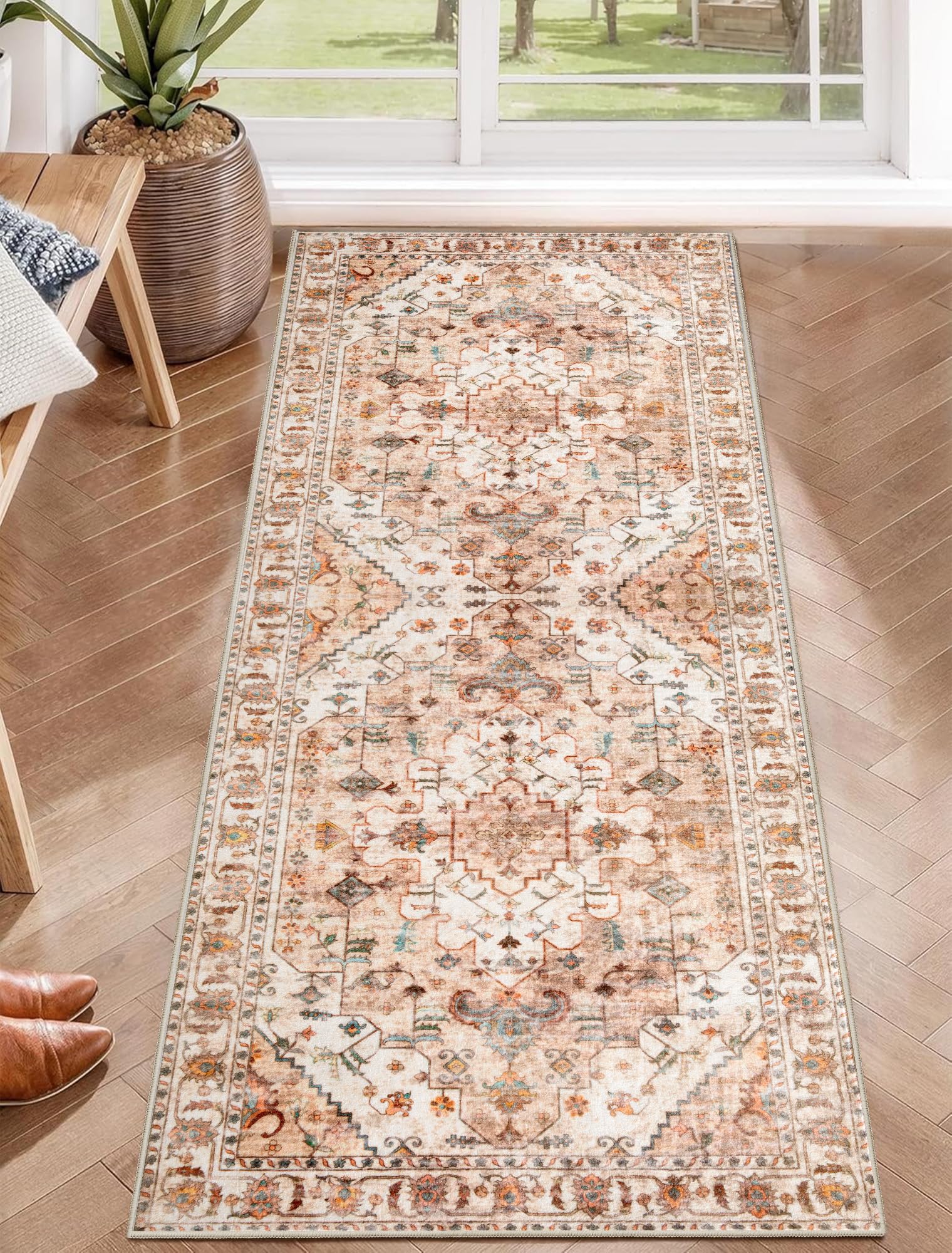 SERISSA Washable Rugs 8x10 Area Rugs, Large Non-Slip Boho Living Room Rust Rug, Ultra Soft Vintage Print Distressed Oriental Tribal Farmhouse Carpet for Dining Room Bedroom Dorm Office Home Decor