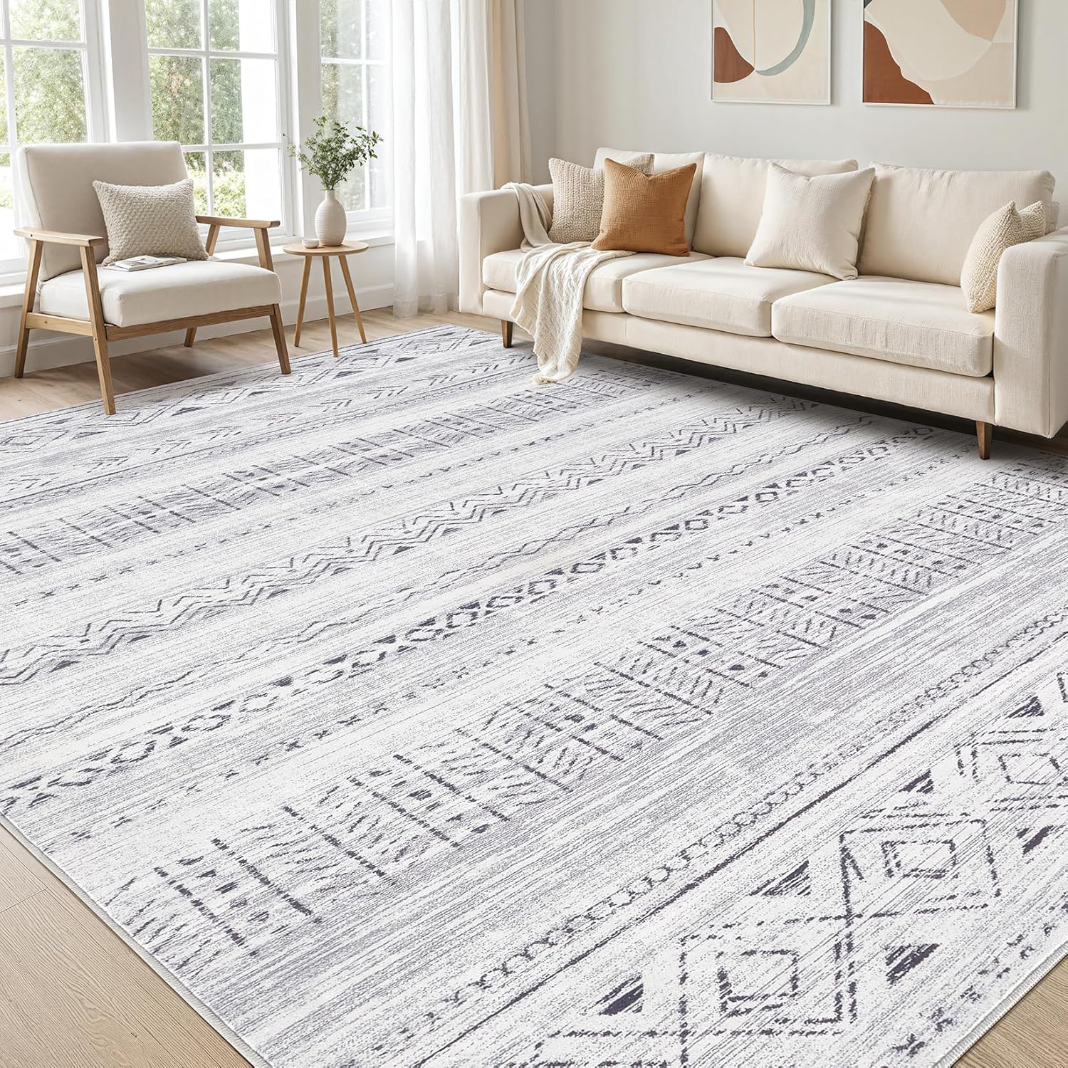 cotiled 5x7 Area Rug Living Room: Washable Boho Rugs with Non Slip Backing Large Soft Indoor Stain Resistant Carpet for Bedroom Farmhouse Dining Room Lightweight Home Decor L Brown/Cream