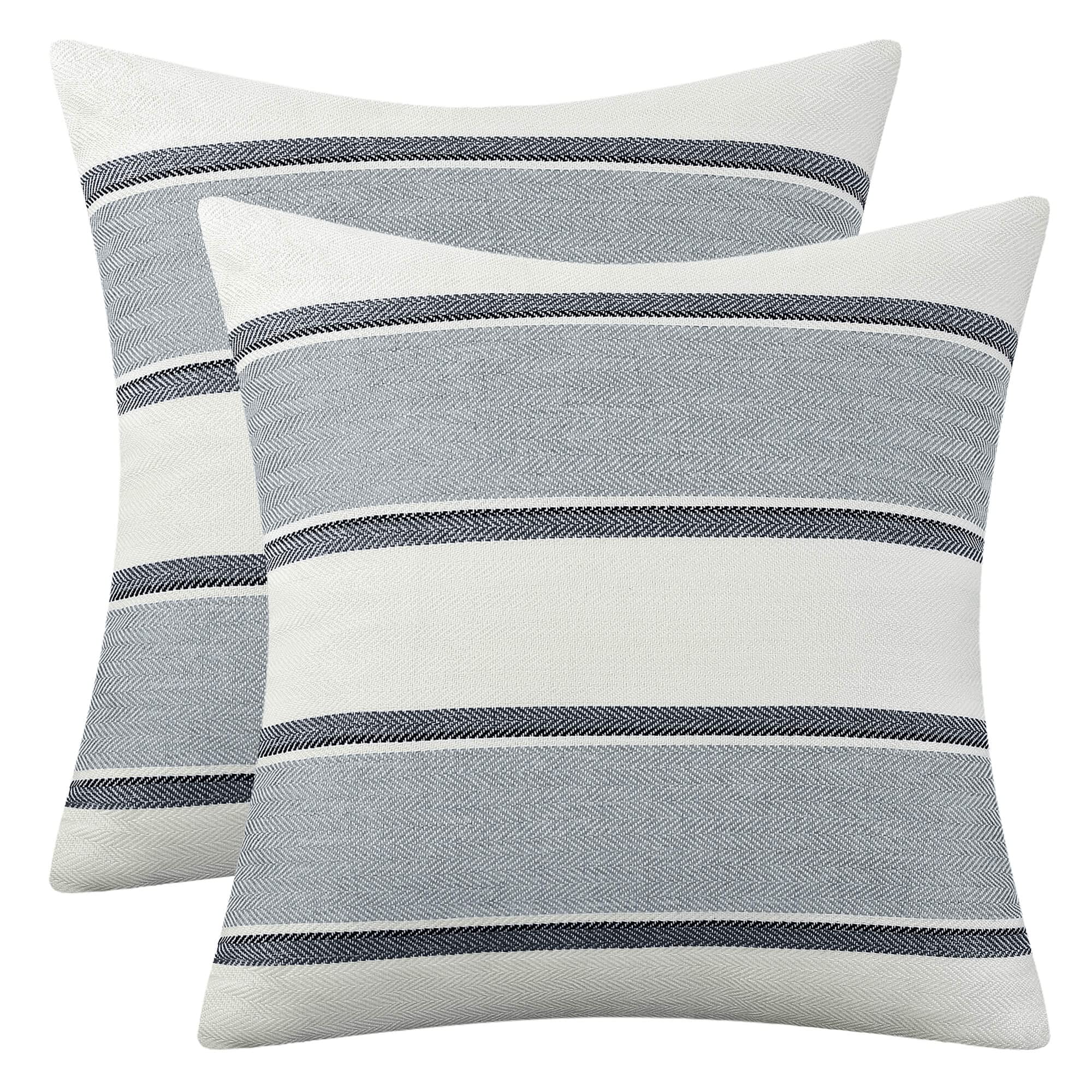 AmHoo Pack of 2 Farmhouse Linen Throw Pillow Cover Cushion Stripe Decoration Buffalo Retro Pillowcase with Hidden Zipper for Sofa Bedroom Car 18 x 18 Inch Blue