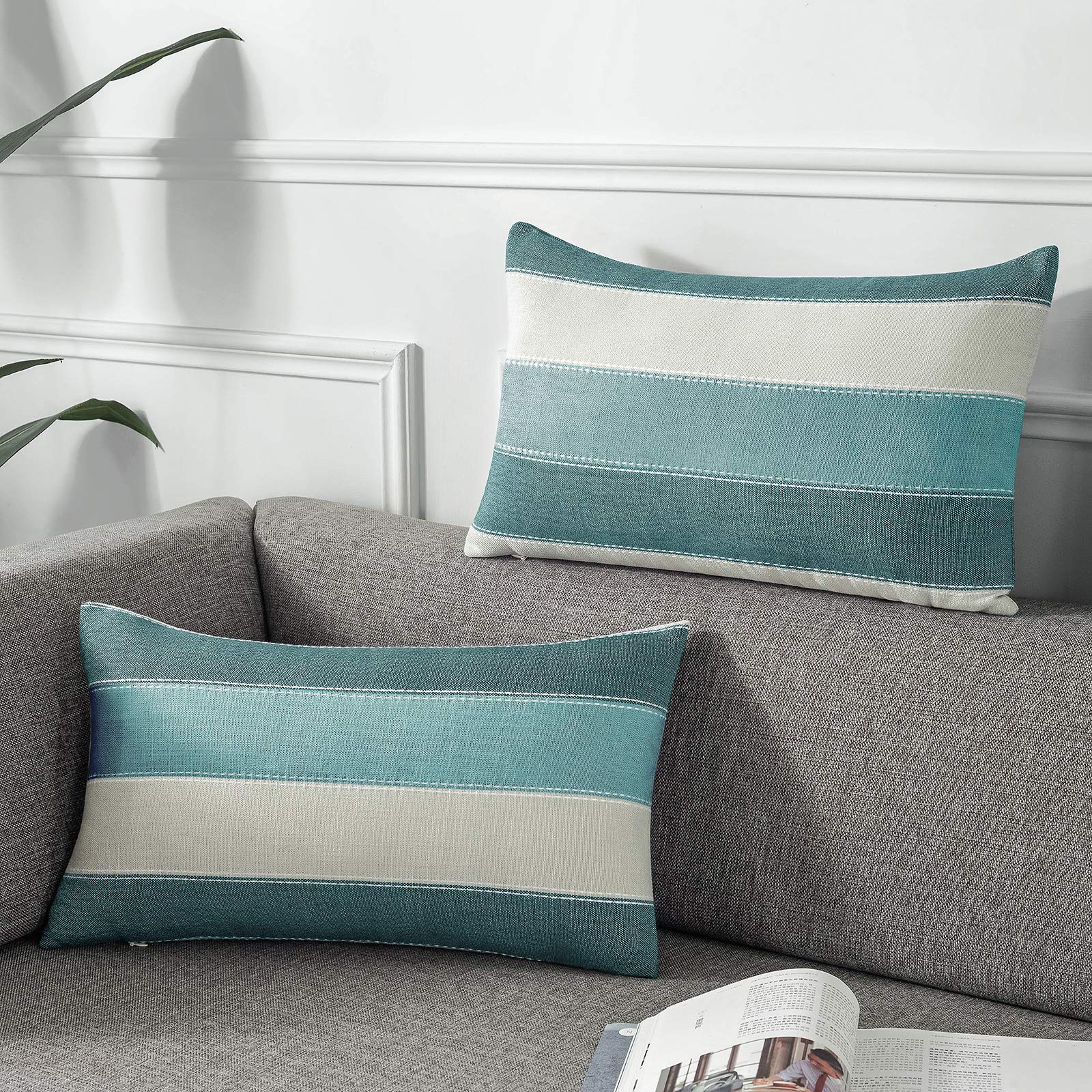 AmHoo Pack of 2 Farmhouse Stripe Check Throw Pillow Covers Set Case Cotton Linen Decorative Pillowcases Cushion Cover for Couch Bench Sofa 18x18 Inch Sage Green