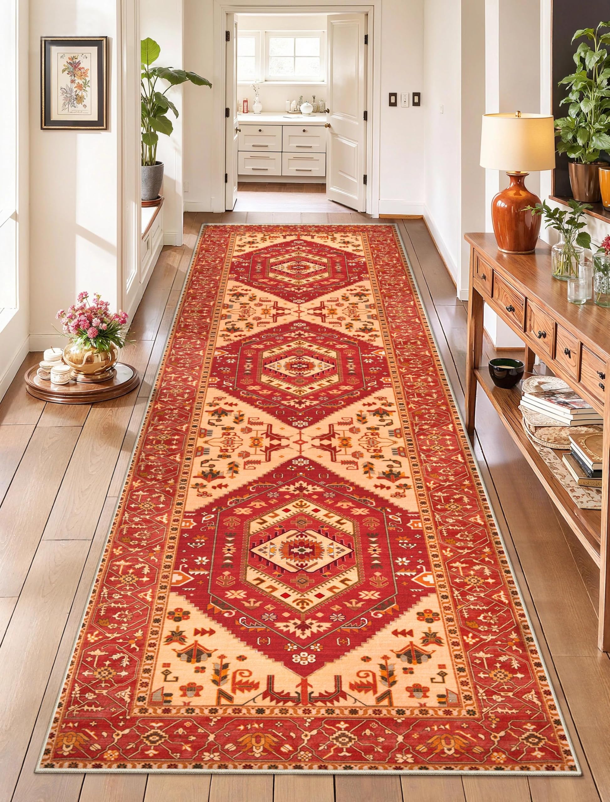SERISSA Washable Rugs 8x10 Area Rugs, Large Non-Slip Boho Living Room Rust Rug, Ultra Soft Vintage Print Distressed Oriental Tribal Farmhouse Carpet for Dining Room Bedroom Dorm Office Home Decor