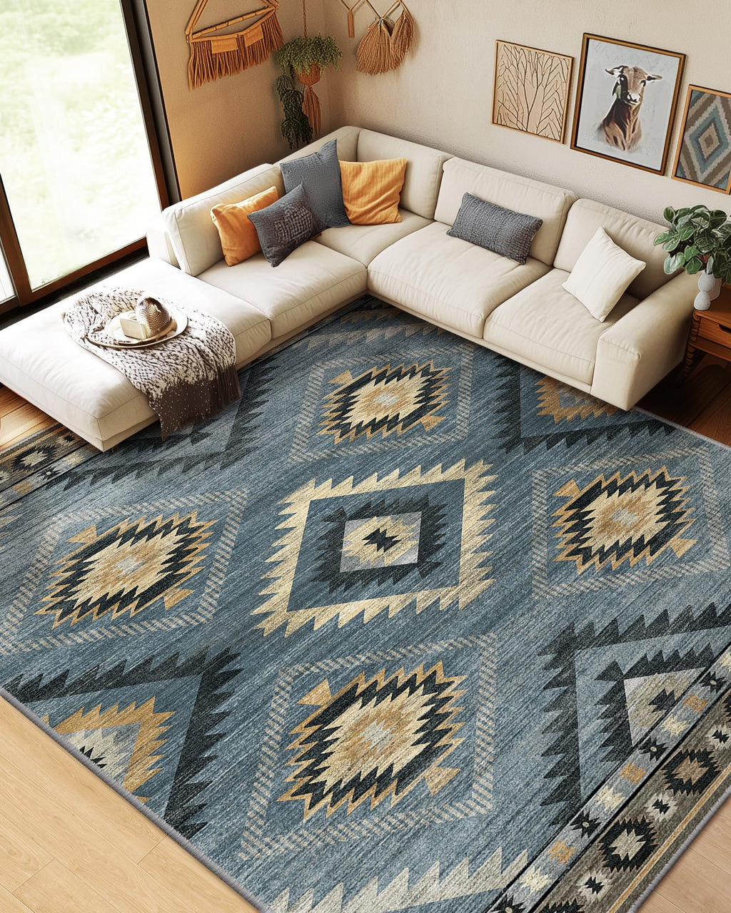 BESTSWEETIE Area Rug 5x7 Rug Machine Washable Non-Slip Low Pile Print Pattern Western Rug for Living Room Bedroom Entryway Tribal Series -Black