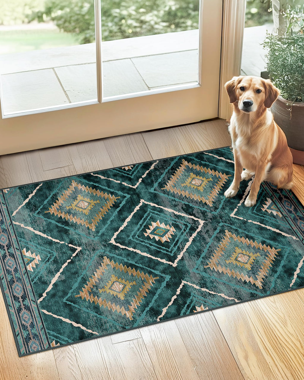 BESTSWEETIE Area Rug 5x7 Rug Machine Washable Non-Slip Low Pile Print Pattern Western Rug for Living Room Bedroom Entryway Tribal Series -Black