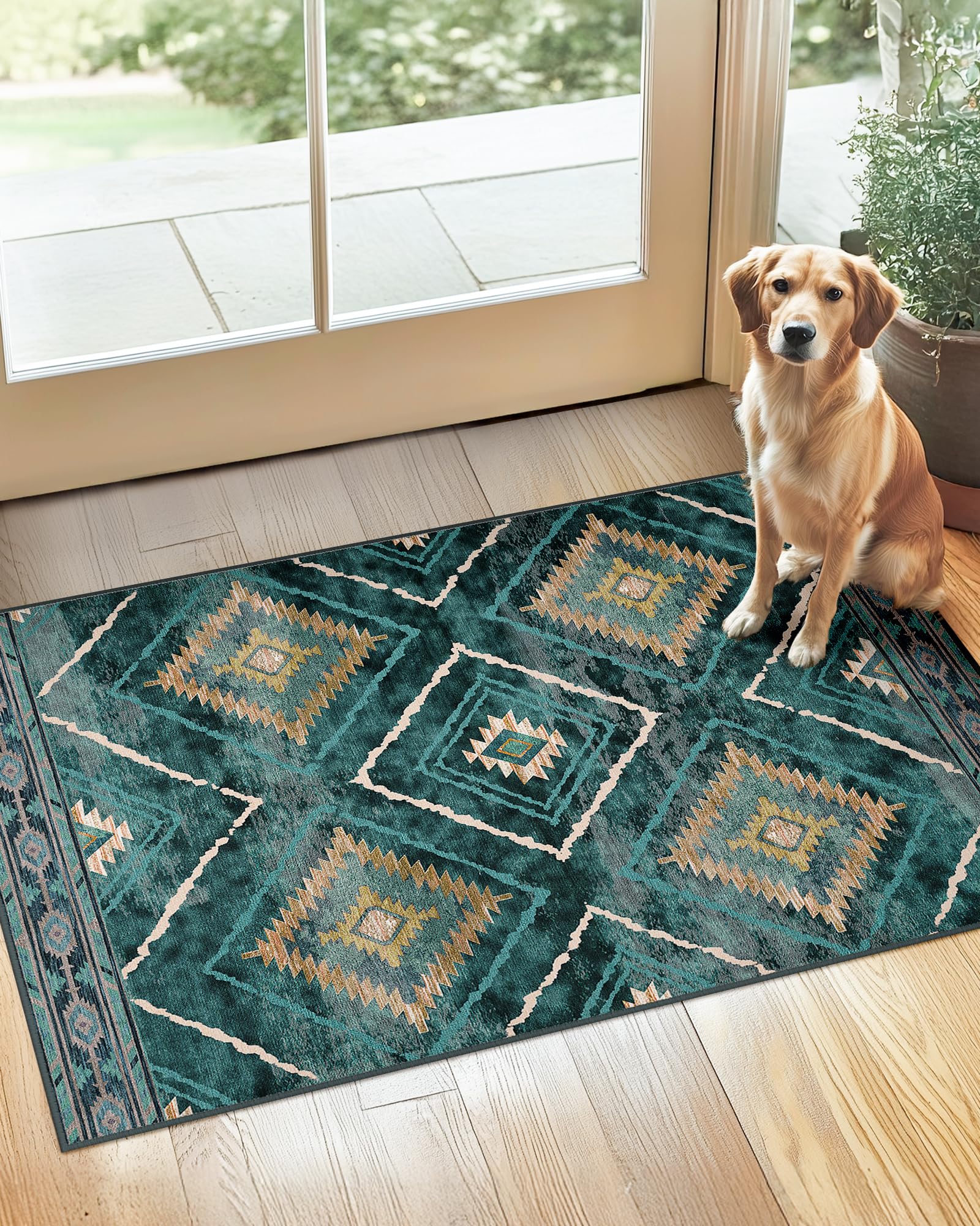 BESTSWEETIE Area Rug 5x7 Rug Machine Washable Non-Slip Low Pile Print Pattern Western Rug for Living Room Bedroom Entryway Tribal Series -Black