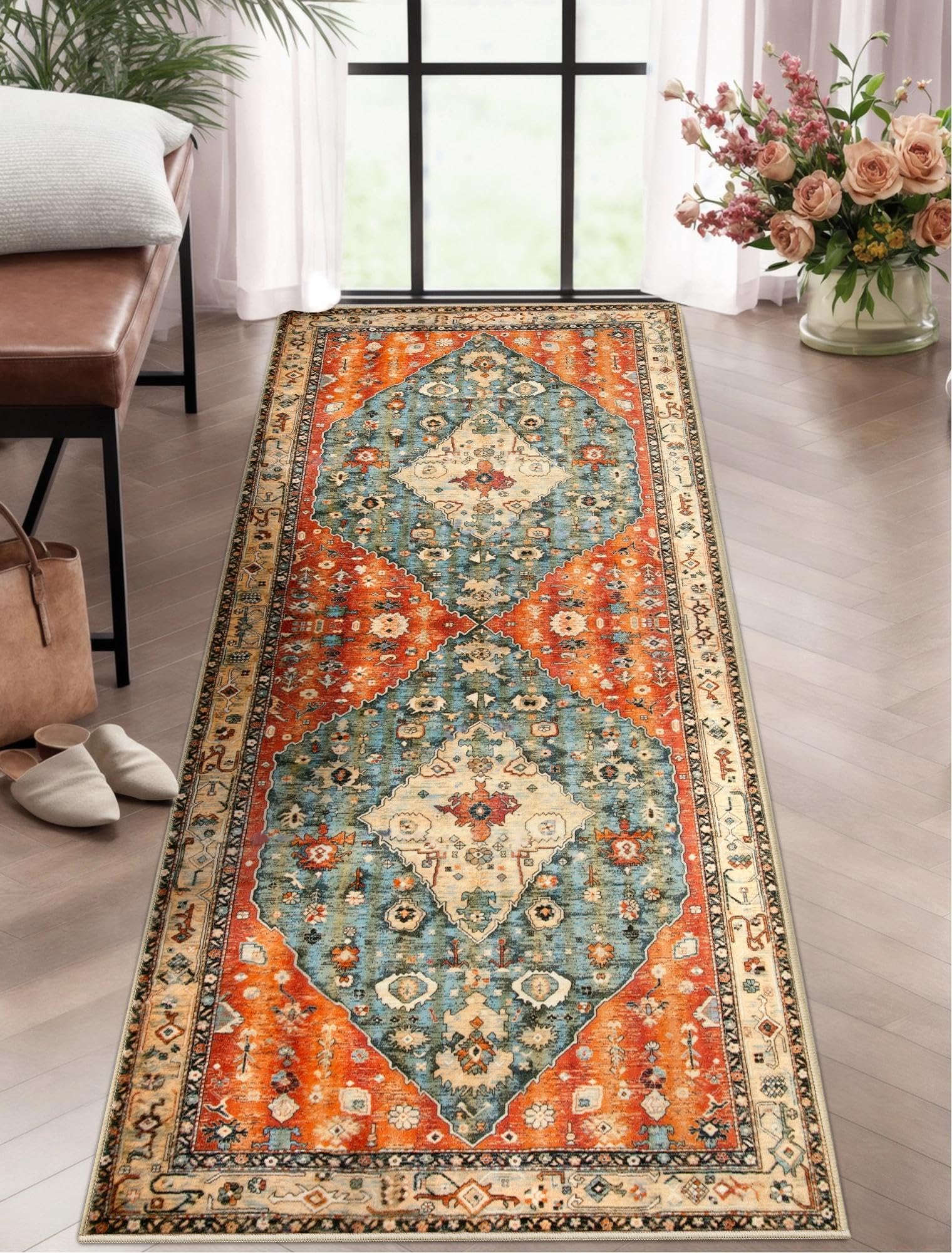 SERISSA Washable Rugs 8x10 Area Rugs, Large Non-Slip Boho Living Room Rust Rug, Ultra Soft Vintage Print Distressed Oriental Tribal Farmhouse Carpet for Dining Room Bedroom Dorm Office Home Decor