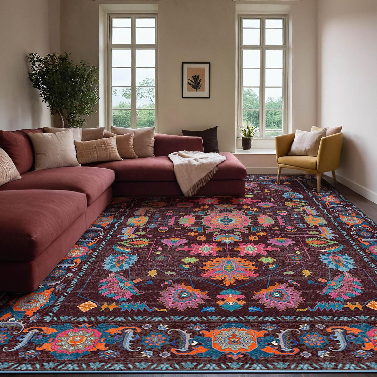 8x10 Area Rugs Living Room Washable Non Slip Low Pile Oushak Vintage Stain Resistant Soft Large Oriental Rugs for Bedroom, Dining Room, Kitchen, Indoor Leisure Rooms, Nova Burgundy Fuchsia Orange Soda