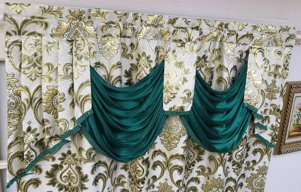 GOHD Samba Star. Jacquard Window Curtain Panel Drape with Attached Fancy Valance and Taffeta Backing. 2pcs Set. Each pc 54" Wide x 90" Drop with 18" Valance. (Hunter Green)