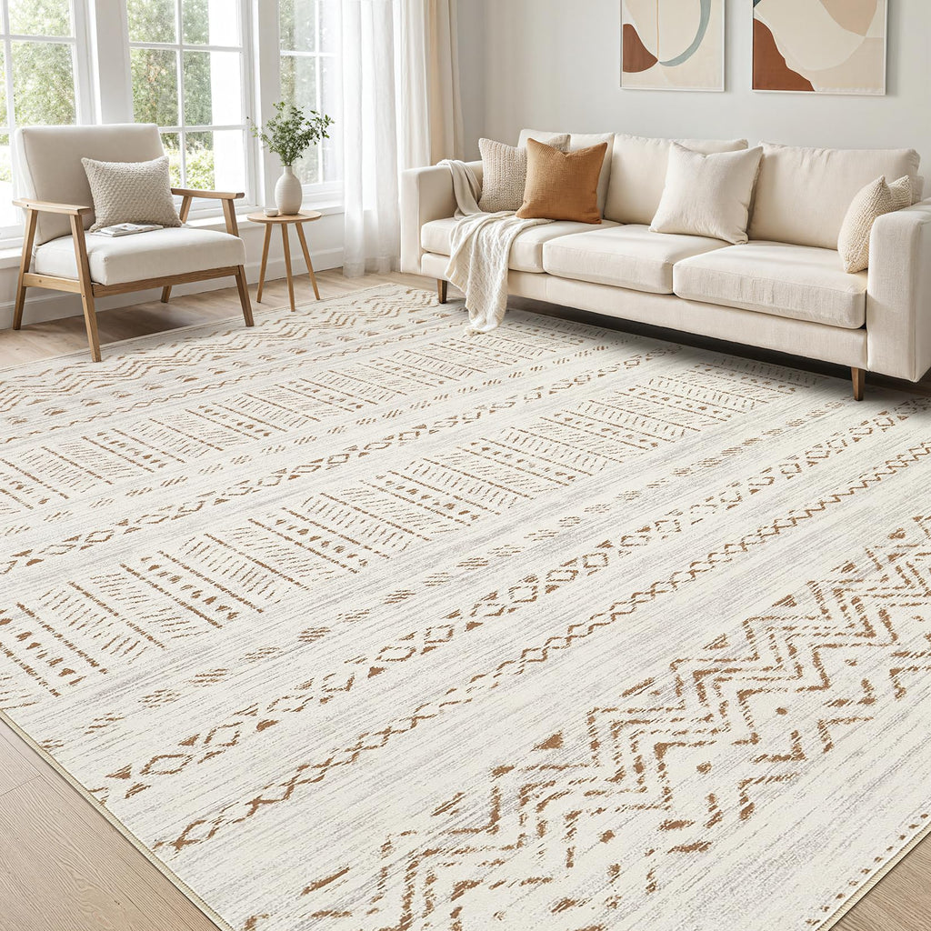 cotiled 5x7 Area Rug Living Room: Washable Boho Rugs with Non Slip Backing Large Soft Indoor Stain Resistant Carpet for Bedroom Farmhouse Dining Room Lightweight Home Decor L Brown/Cream