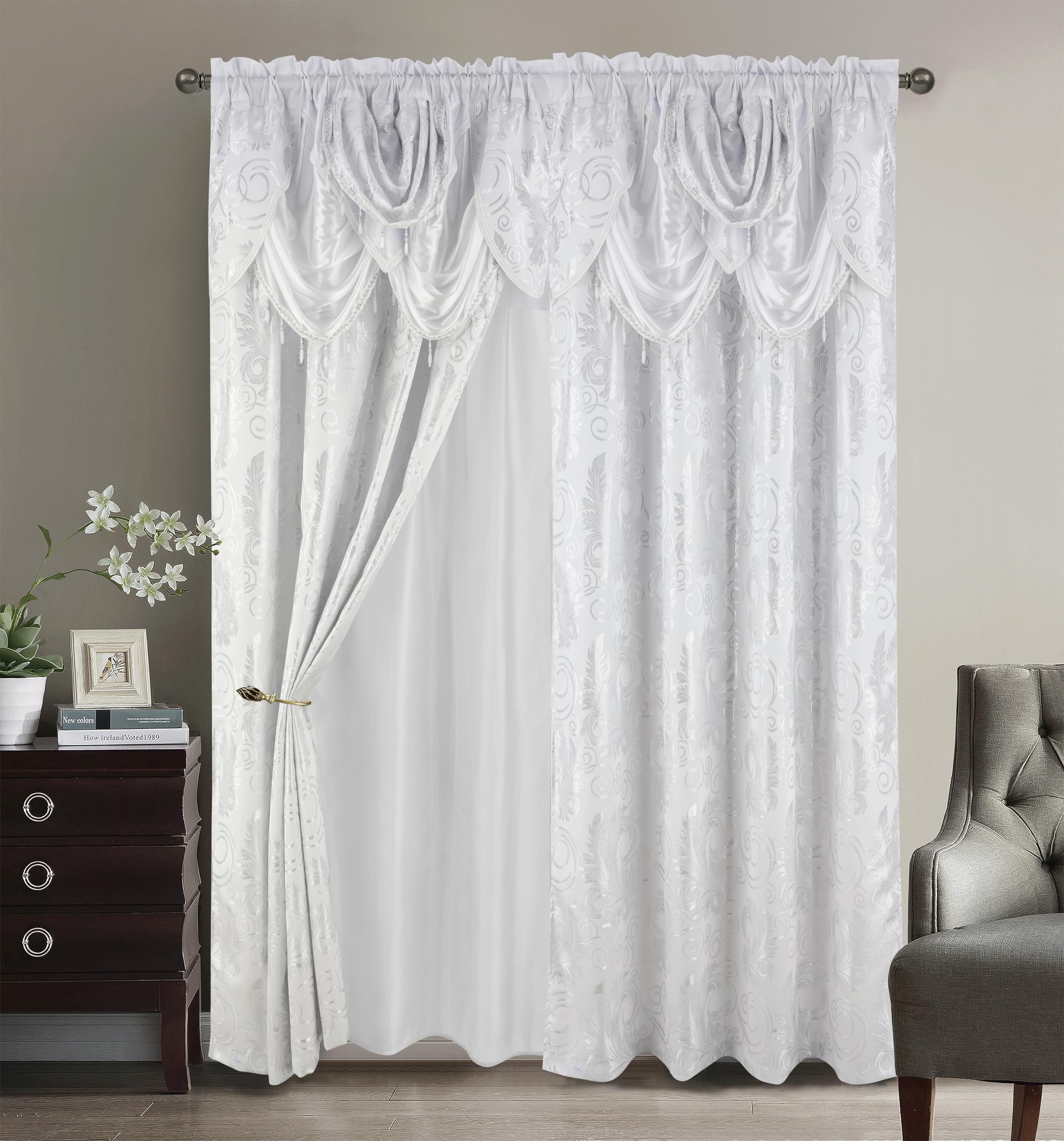 GLORY RUGS Jacquard Luxury Window 2 Panel Set Beige Curtain with Attached Valance and Backing Bedroom Living Room Dining 2 Curtains 55x84 inches Each Jana