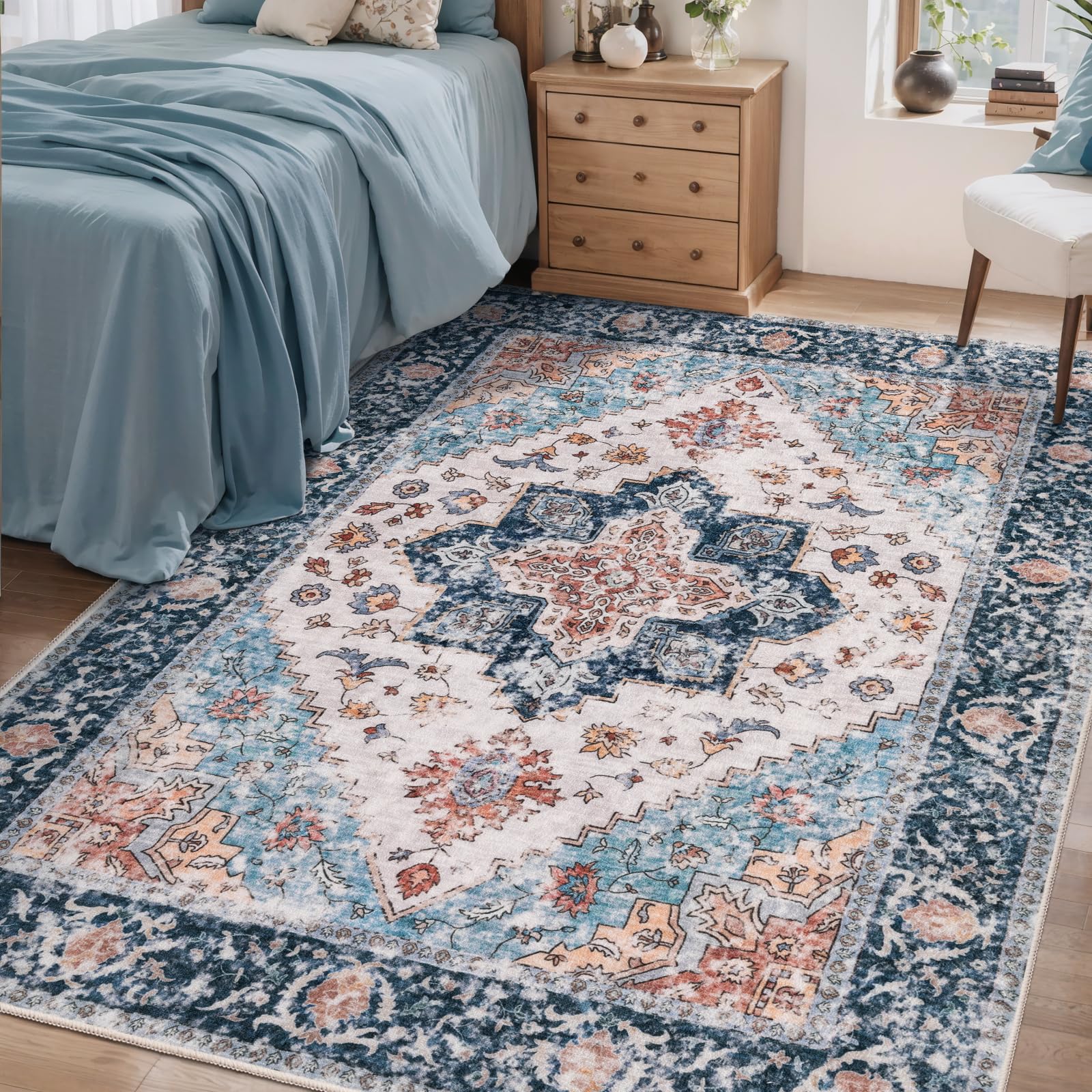 SERISSA Washable Rugs 8x10 Area Rugs, Large Non-Slip Boho Living Room Rust Rug, Ultra Soft Vintage Print Distressed Oriental Tribal Farmhouse Carpet for Dining Room Bedroom Dorm Office Home Decor