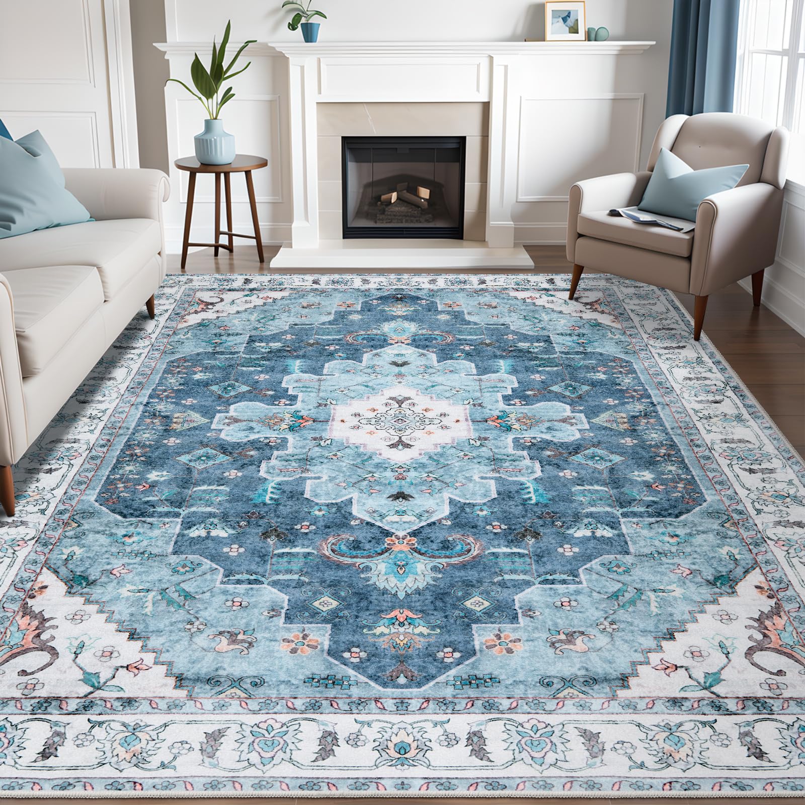 SERISSA Washable Rugs 8x10 Area Rugs, Large Non-Slip Boho Living Room Rust Rug, Ultra Soft Vintage Print Distressed Oriental Tribal Farmhouse Carpet for Dining Room Bedroom Dorm Office Home Decor