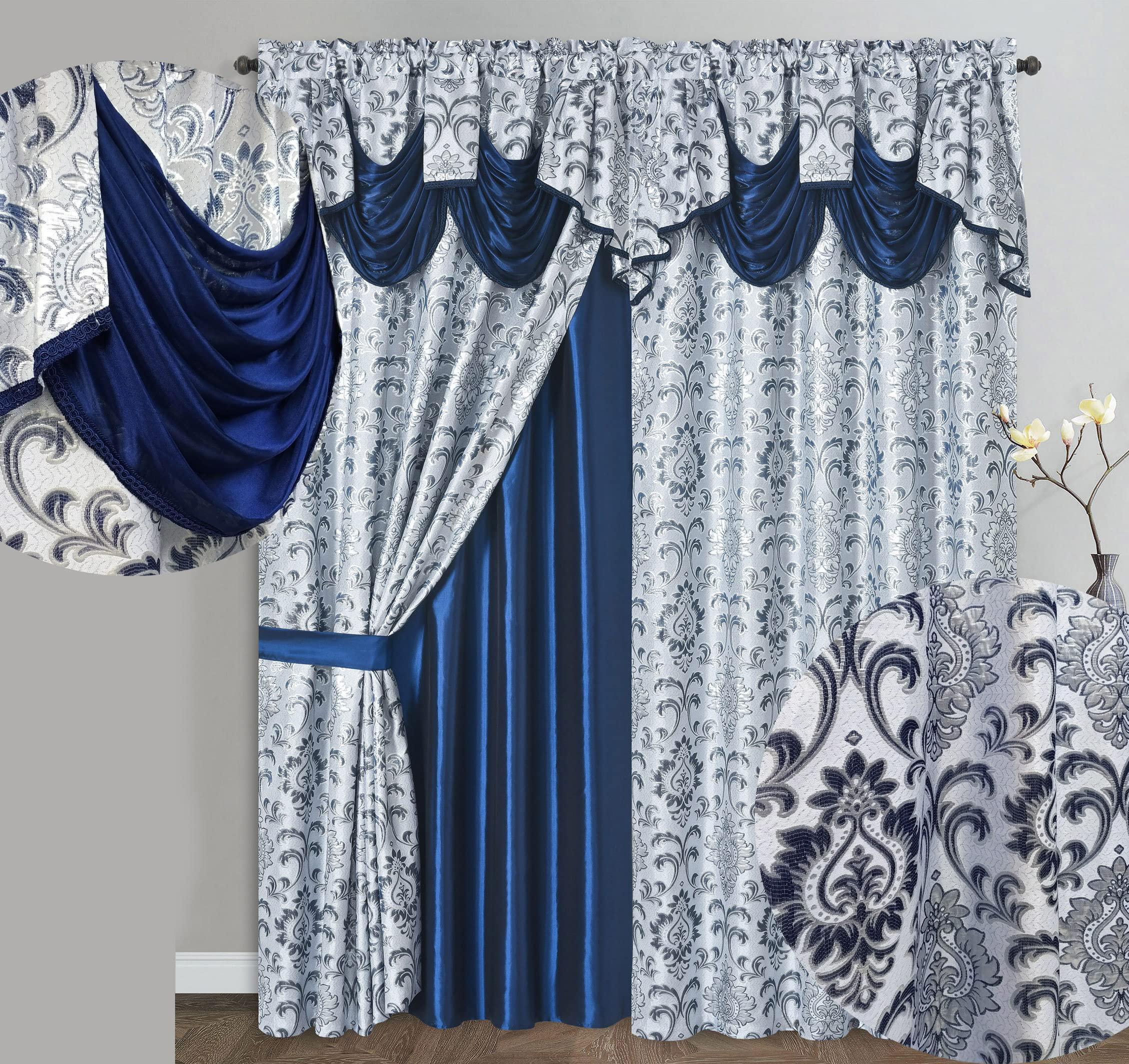 GOHD Samba Star. Jacquard Window Curtain Panel Drape with Attached Fancy Valance and Taffeta Backing. 2pcs Set. Each pc 54" Wide x 90" Drop with 18" Valance. (Hunter Green)