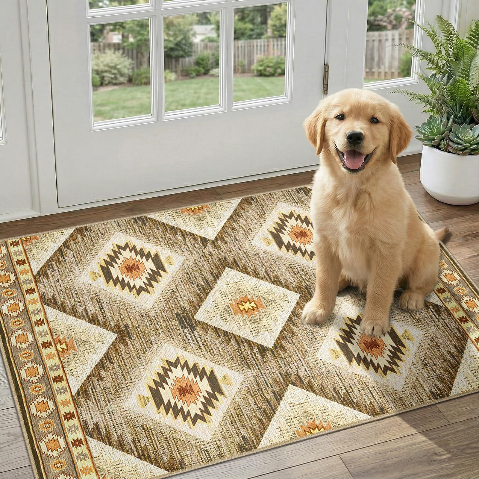 BESTSWEETIE Area Rug 5x7 Rug Machine Washable Non-Slip Low Pile Print Pattern Western Rug for Living Room Bedroom Entryway Tribal Series -Black