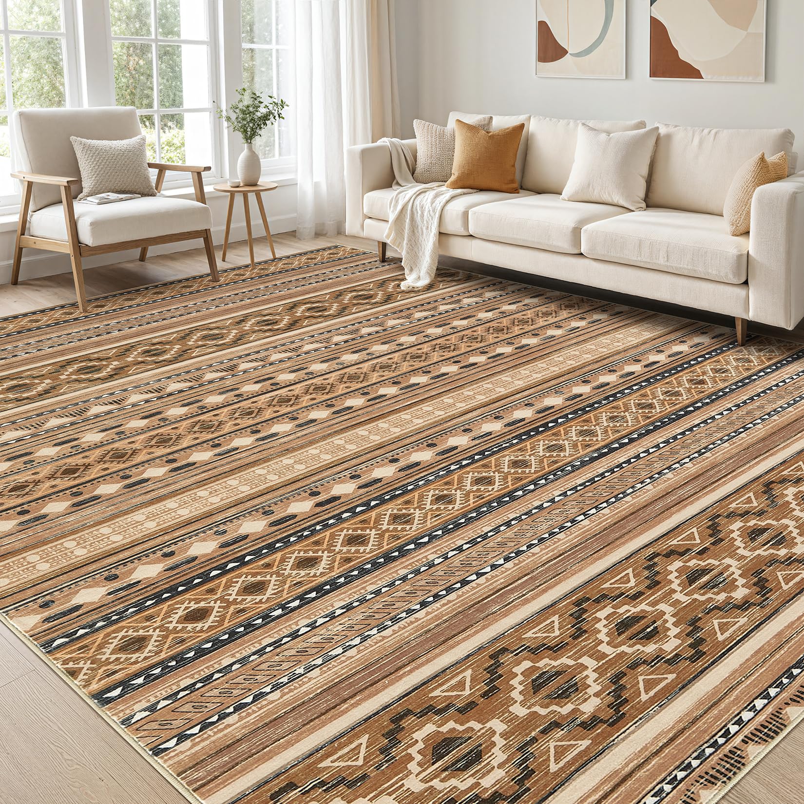 cotiled 5x7 Area Rug Living Room: Washable Boho Rugs with Non Slip Backing Large Soft Indoor Stain Resistant Carpet for Bedroom Farmhouse Dining Room Lightweight Home Decor L Brown/Cream