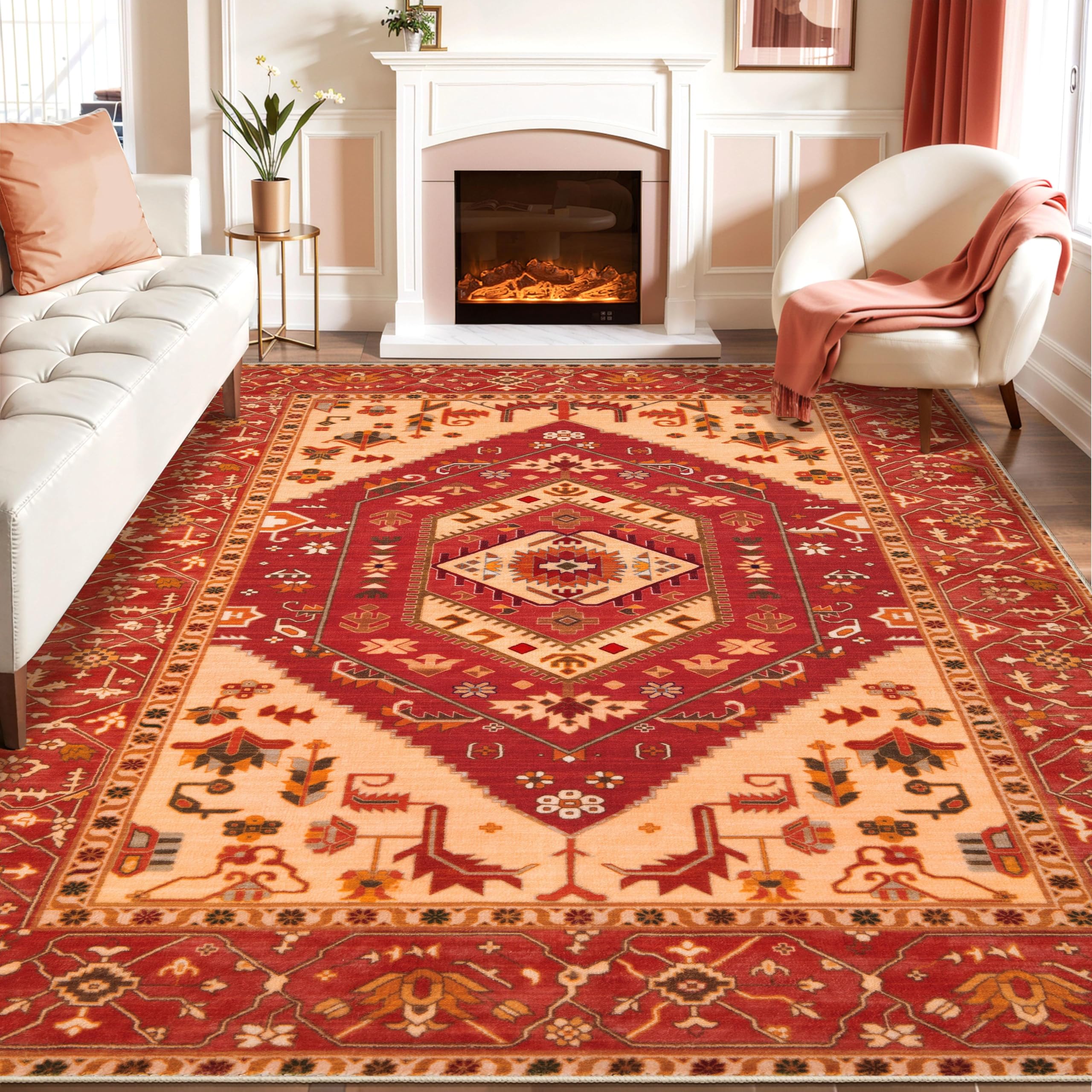 SERISSA Washable Rugs 8x10 Area Rugs, Large Non-Slip Boho Living Room Rust Rug, Ultra Soft Vintage Print Distressed Oriental Tribal Farmhouse Carpet for Dining Room Bedroom Dorm Office Home Decor