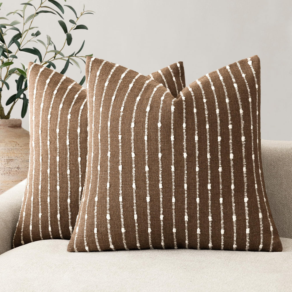 Foindtower Pack of 2 Decorative Jacquard Boucle Throw Pillow Covers Accent Textured Striped Pillowcases Soft Boho Modern Cushion for Couch Sofa Bedroom Living Room Home Decor 20x20 Inch Natural Beige