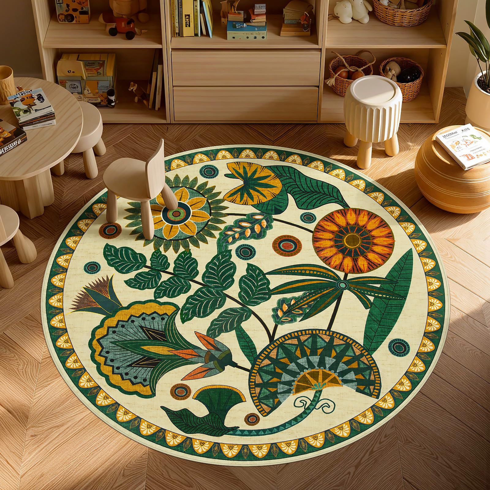 Joydeco Egypt Floral Boho 8x10 Area Rugs for Bedroom Aesthetic, Washable Vintage Living Dining Room Rug Non Slip, Beige Large Indoor Throw Carpet for Playroom Nursery Dorm Classroom