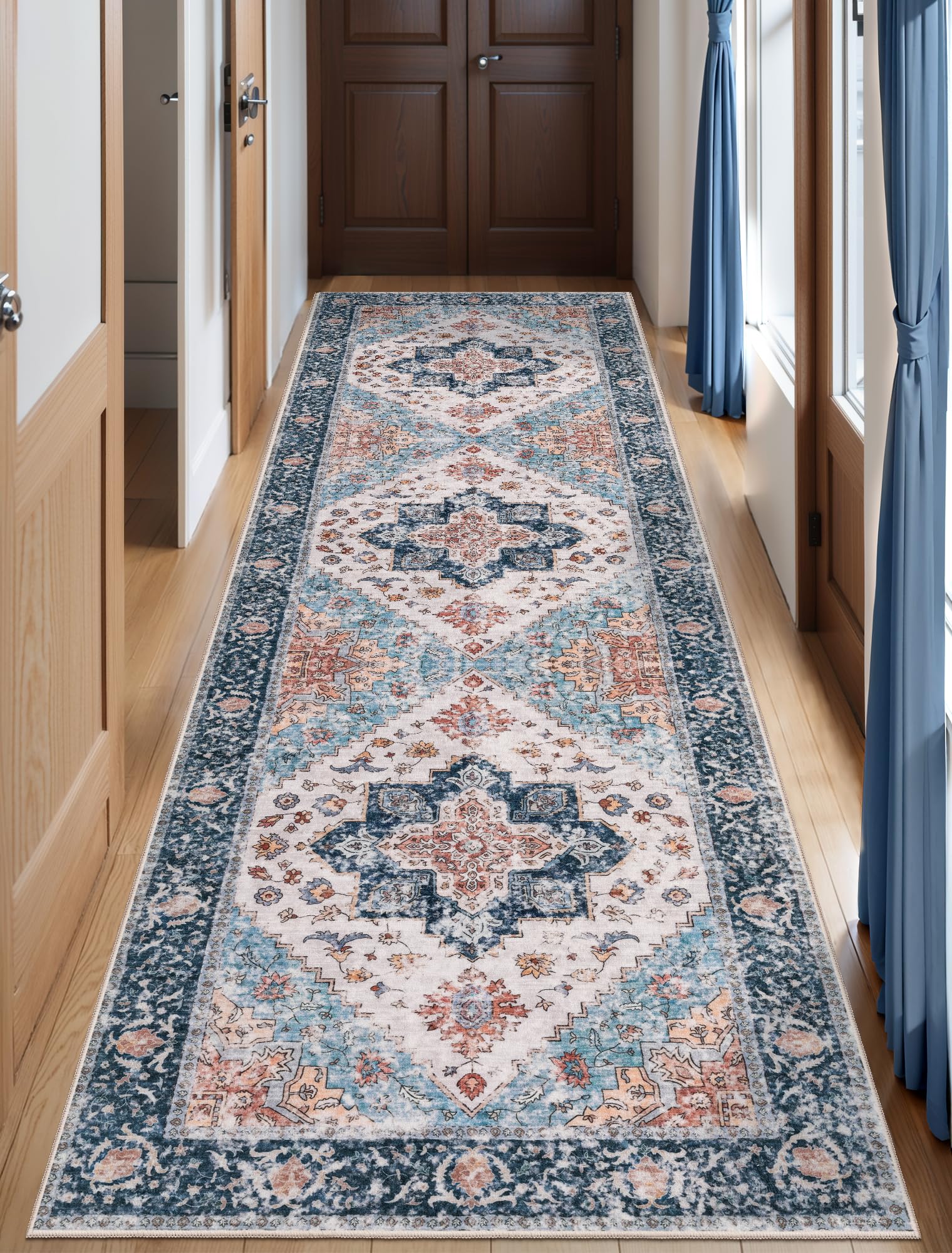 SERISSA Washable Rugs 8x10 Area Rugs, Large Non-Slip Boho Living Room Rust Rug, Ultra Soft Vintage Print Distressed Oriental Tribal Farmhouse Carpet for Dining Room Bedroom Dorm Office Home Decor