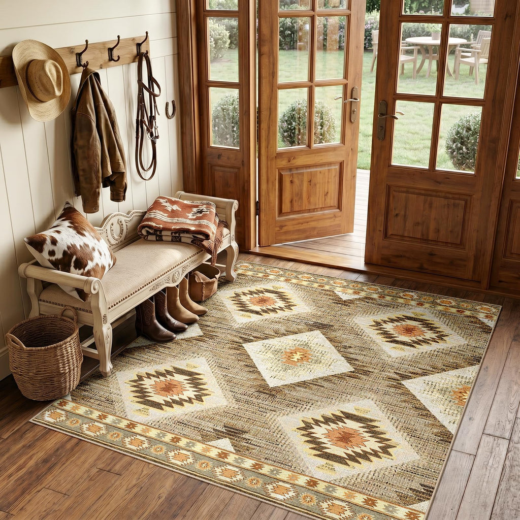 BESTSWEETIE Area Rug 5x7 Rug Machine Washable Non-Slip Low Pile Print Pattern Western Rug for Living Room Bedroom Entryway Tribal Series -Black