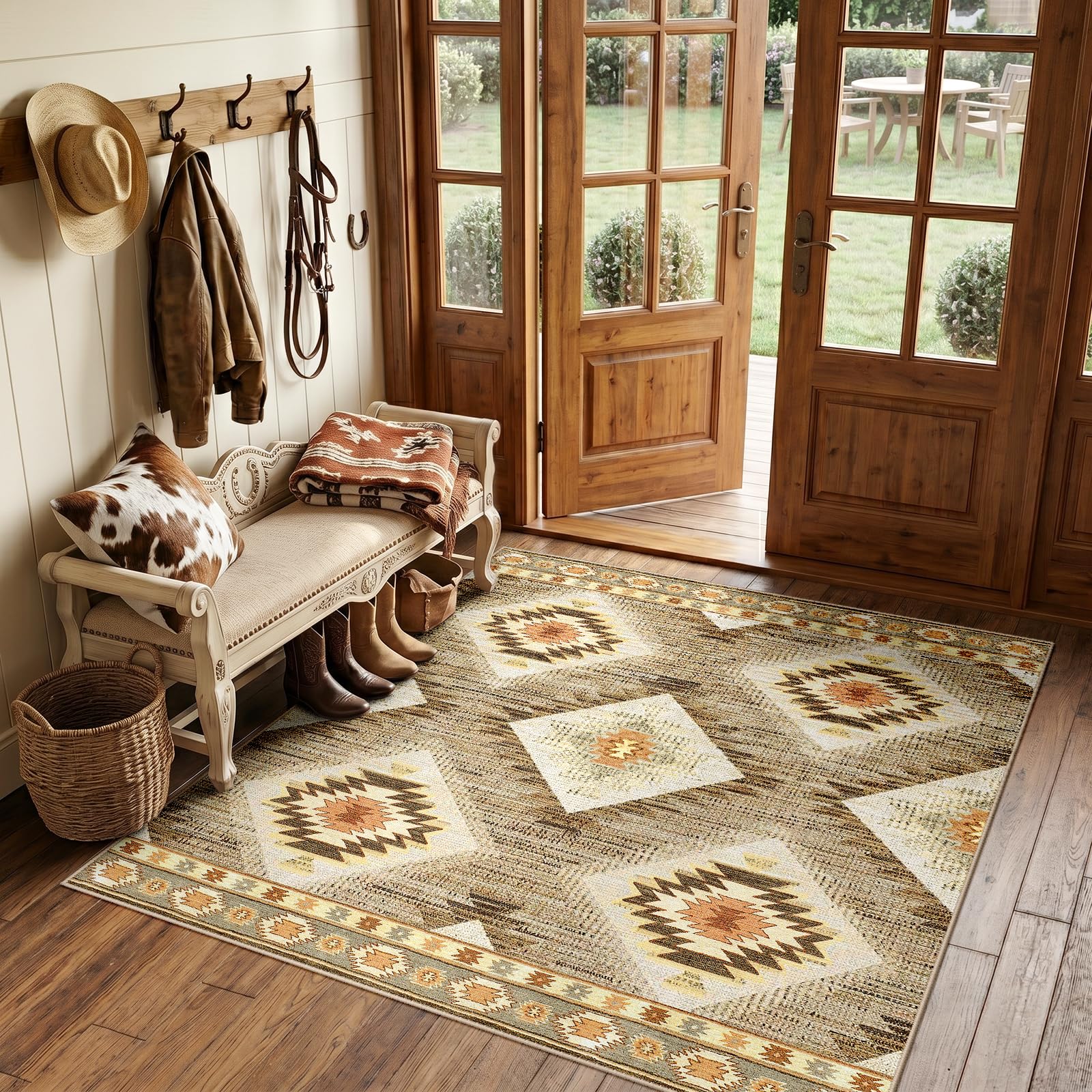 BESTSWEETIE Area Rug 5x7 Rug Machine Washable Non-Slip Low Pile Print Pattern Western Rug for Living Room Bedroom Entryway Tribal Series -Black