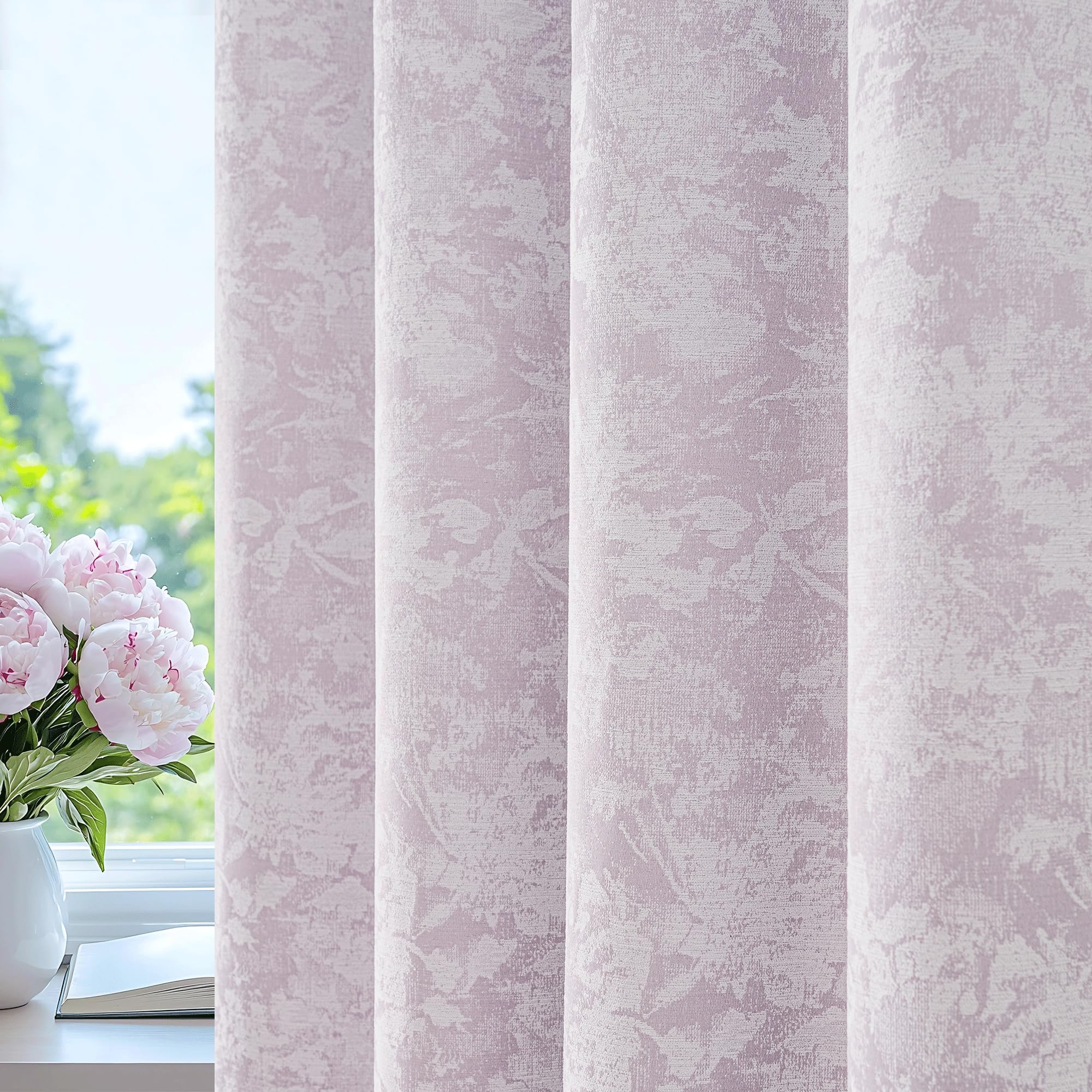 Beauoop Beige Floral Jacquard Blackout Curtains 84 Inches Long 2 Panels for Bedroom Living Room Chenille Flower Room Darkening Thermal Insulated Soundproof Rod Pocket Back Tab Window Drapes, 52x84