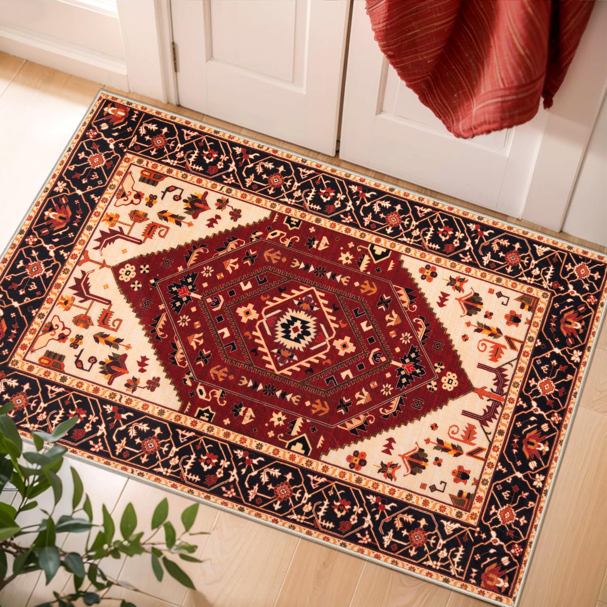 SERISSA Washable Rugs 8x10 Area Rugs, Large Non-Slip Boho Living Room Rust Rug, Ultra Soft Vintage Print Distressed Oriental Tribal Farmhouse Carpet for Dining Room Bedroom Dorm Office Home Decor