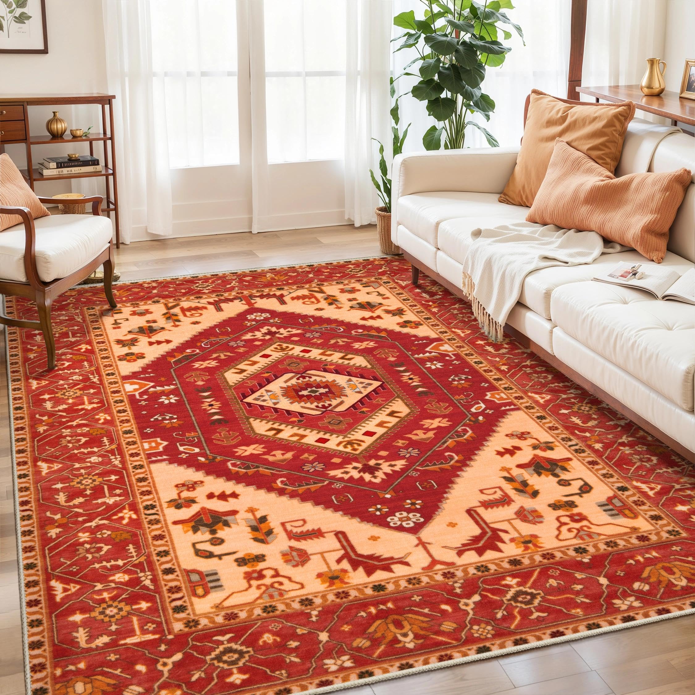 SERISSA Washable Rugs 8x10 Area Rugs, Large Non-Slip Boho Living Room Rust Rug, Ultra Soft Vintage Print Distressed Oriental Tribal Farmhouse Carpet for Dining Room Bedroom Dorm Office Home Decor