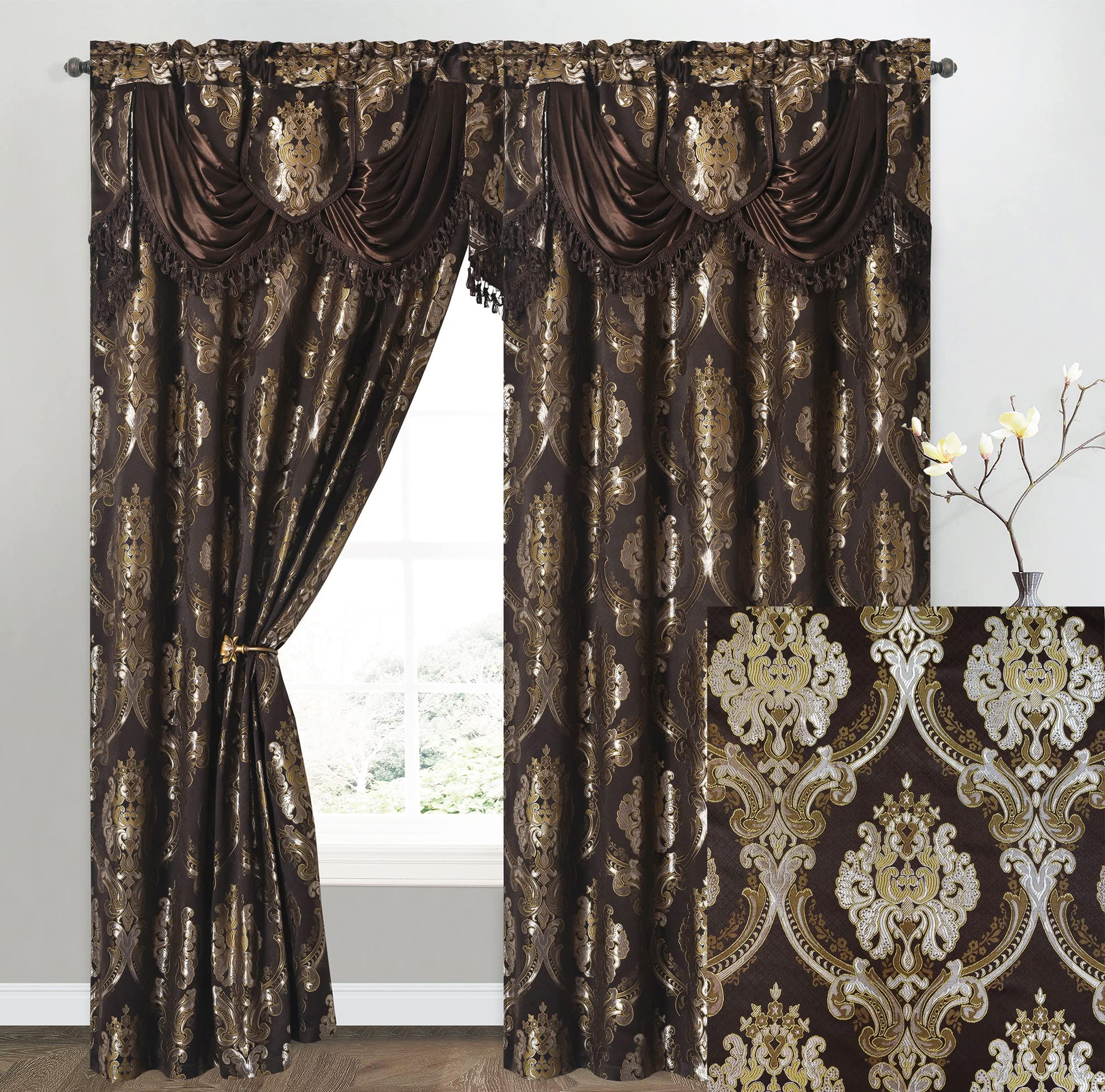 GOHD Luxe Love. Jacquard Window Curtain Panel Drape with Attached Fancy Valance. 2pcs Set (Sand, 84" Drop x 54" Wide with 18" Valance x 2pcs)