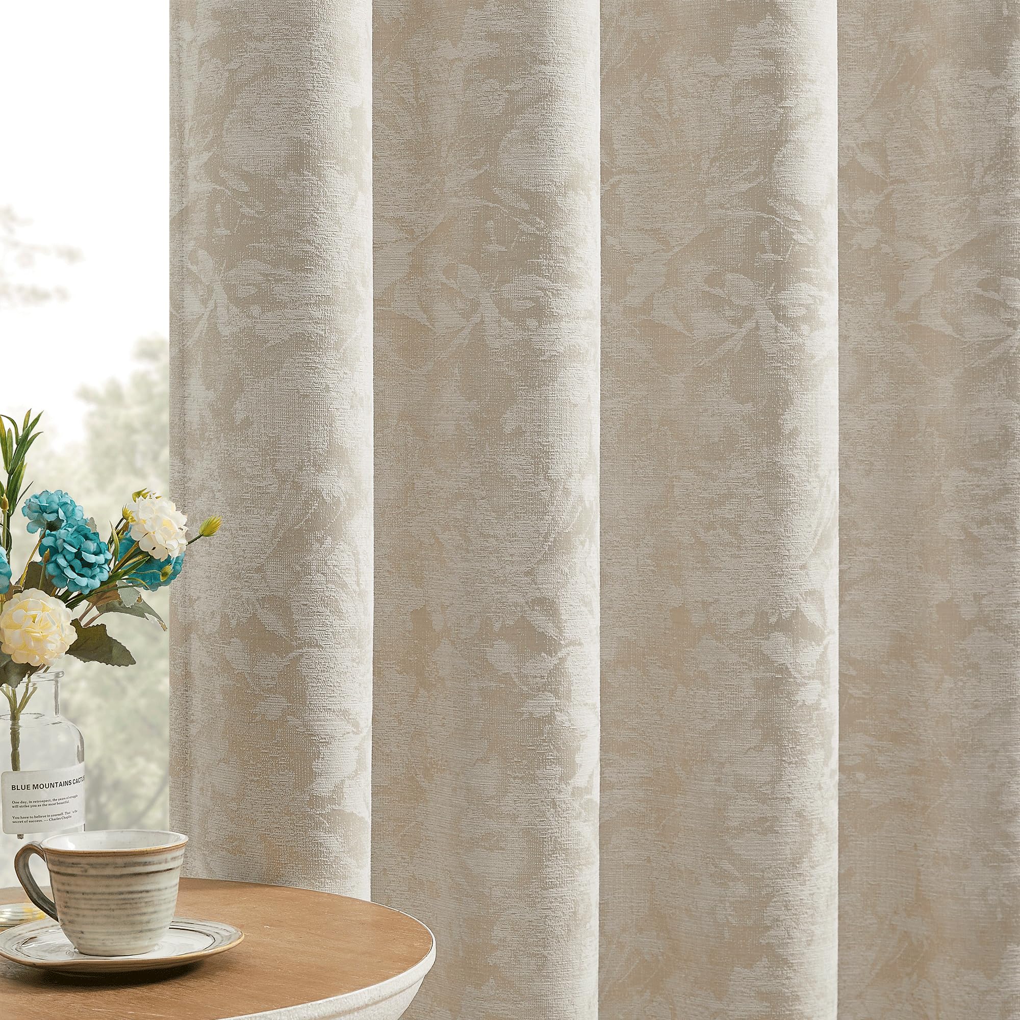 Beauoop Beige Floral Jacquard Blackout Curtains 84 Inches Long 2 Panels for Bedroom Living Room Chenille Flower Room Darkening Thermal Insulated Soundproof Rod Pocket Back Tab Window Drapes, 52x84