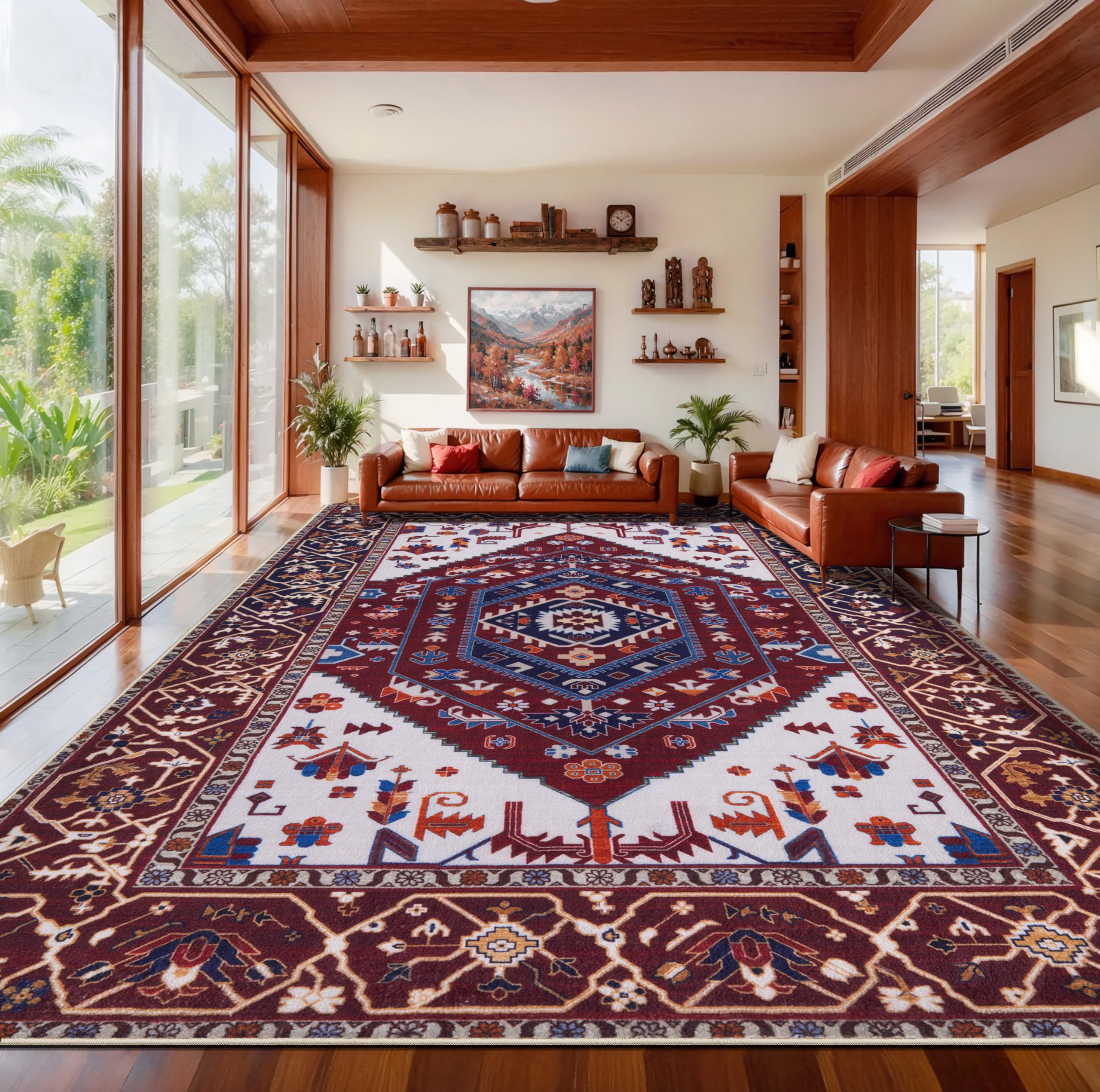 SERISSA Washable Rugs 8x10 Area Rugs, Large Non-Slip Boho Living Room Rust Rug, Ultra Soft Vintage Print Distressed Oriental Tribal Farmhouse Carpet for Dining Room Bedroom Dorm Office Home Decor