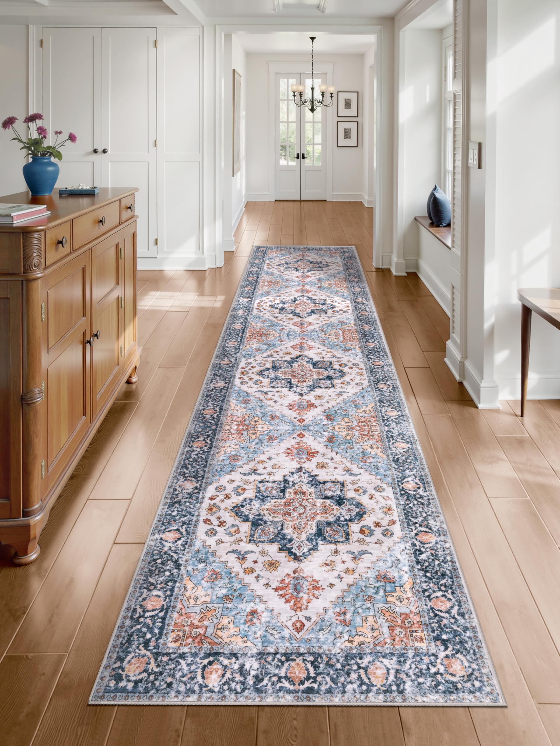 SERISSA Washable Rugs 8x10 Area Rugs, Large Non-Slip Boho Living Room Rust Rug, Ultra Soft Vintage Print Distressed Oriental Tribal Farmhouse Carpet for Dining Room Bedroom Dorm Office Home Decor