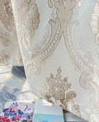 GOHD Luxe Love. Jacquard Window Curtain Panel Drape with Attached Fancy Valance. 2pcs Set (Sand, 84" Drop x 54" Wide with 18" Valance x 2pcs)