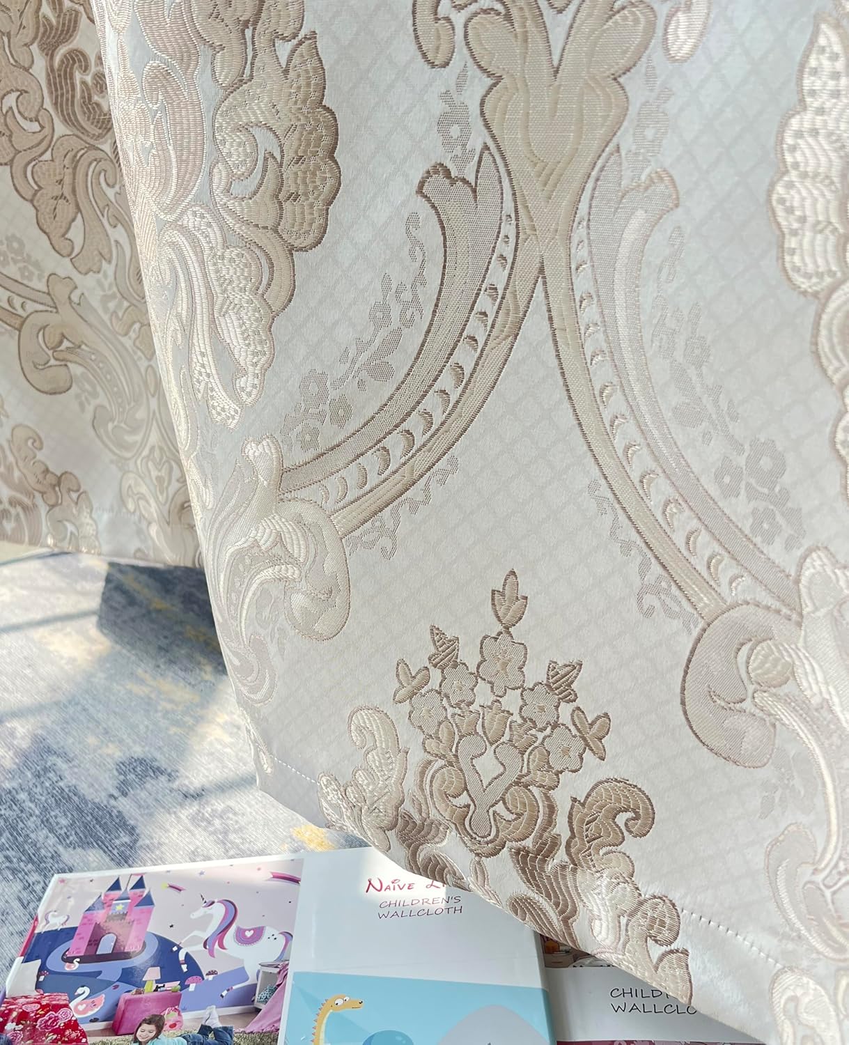 GOHD Luxe Love. Jacquard Window Curtain Panel Drape with Attached Fancy Valance. 2pcs Set (Sand, 84" Drop x 54" Wide with 18" Valance x 2pcs)