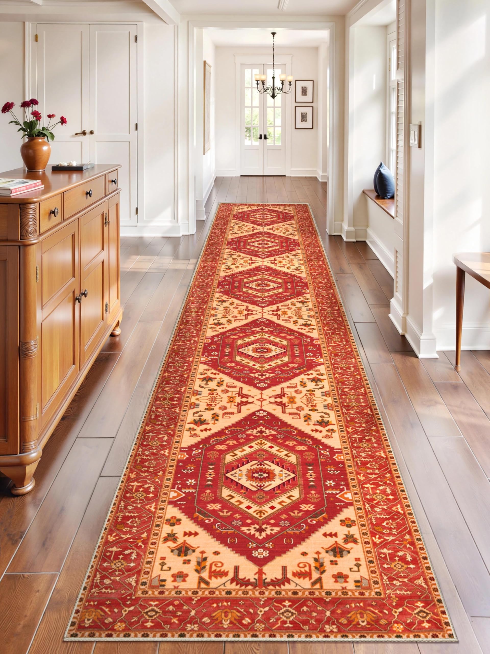 SERISSA Washable Rugs 8x10 Area Rugs, Large Non-Slip Boho Living Room Rust Rug, Ultra Soft Vintage Print Distressed Oriental Tribal Farmhouse Carpet for Dining Room Bedroom Dorm Office Home Decor