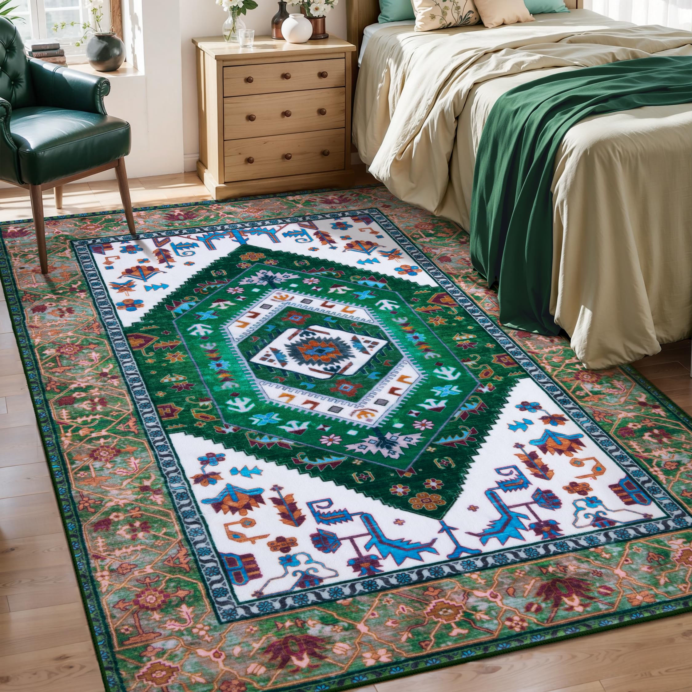 SERISSA Washable Rugs 8x10 Area Rugs, Large Non-Slip Boho Living Room Rust Rug, Ultra Soft Vintage Print Distressed Oriental Tribal Farmhouse Carpet for Dining Room Bedroom Dorm Office Home Decor