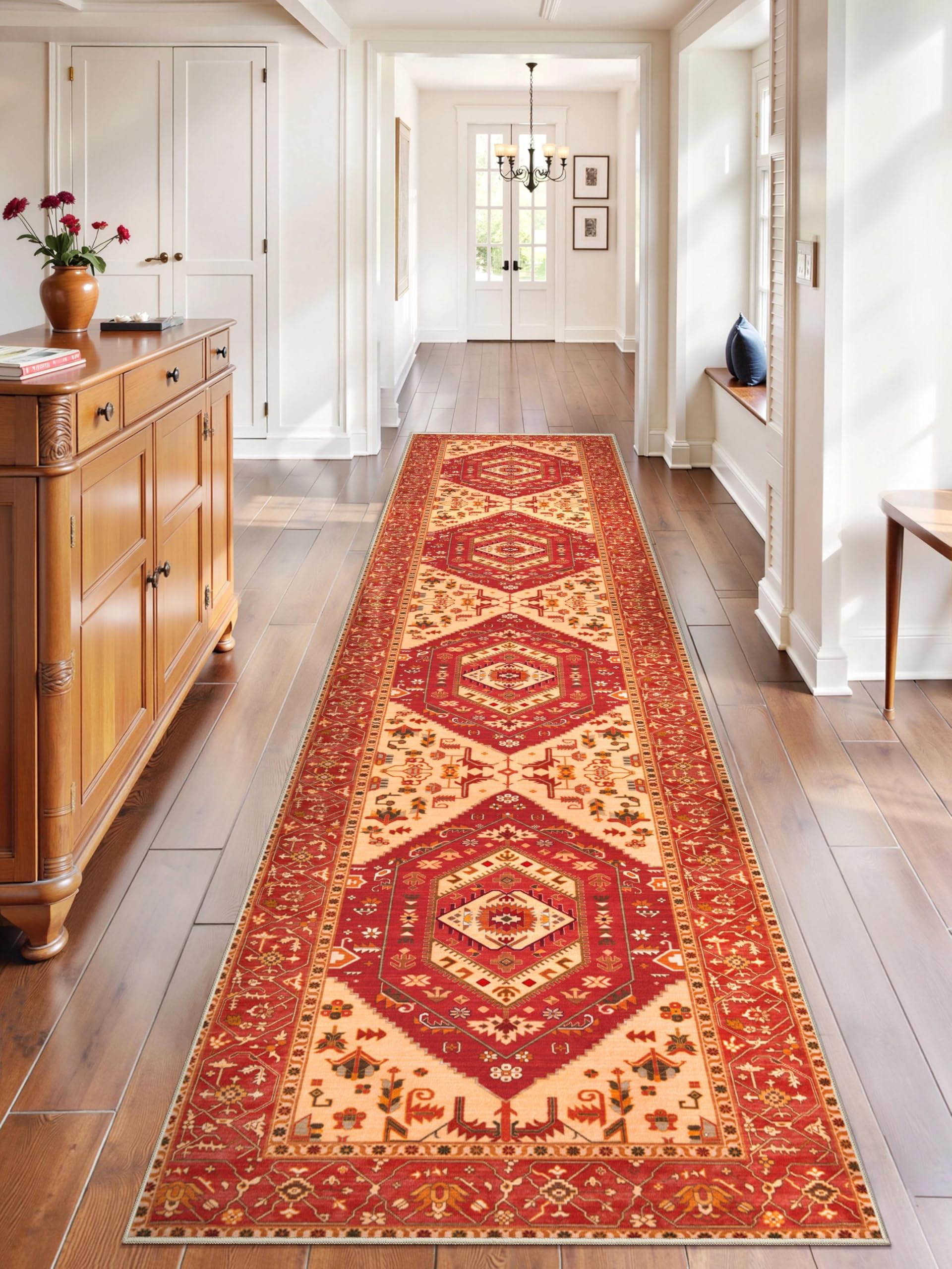 SERISSA Washable Rugs 8x10 Area Rugs, Large Non-Slip Boho Living Room Rust Rug, Ultra Soft Vintage Print Distressed Oriental Tribal Farmhouse Carpet for Dining Room Bedroom Dorm Office Home Decor