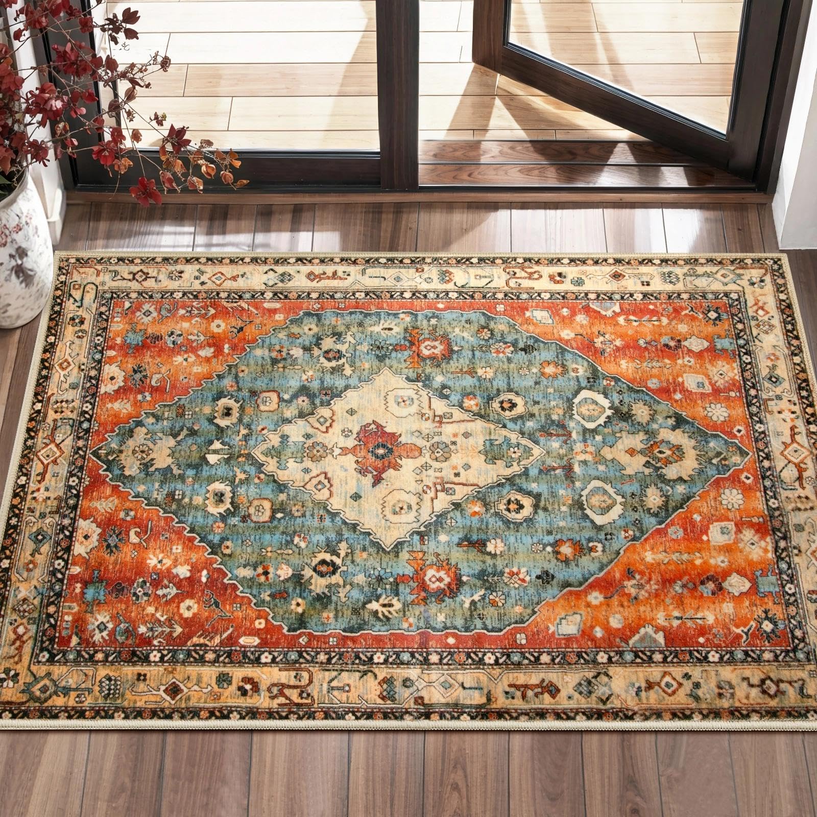 SERISSA Washable Rugs 8x10 Area Rugs, Large Non-Slip Boho Living Room Rust Rug, Ultra Soft Vintage Print Distressed Oriental Tribal Farmhouse Carpet for Dining Room Bedroom Dorm Office Home Decor
