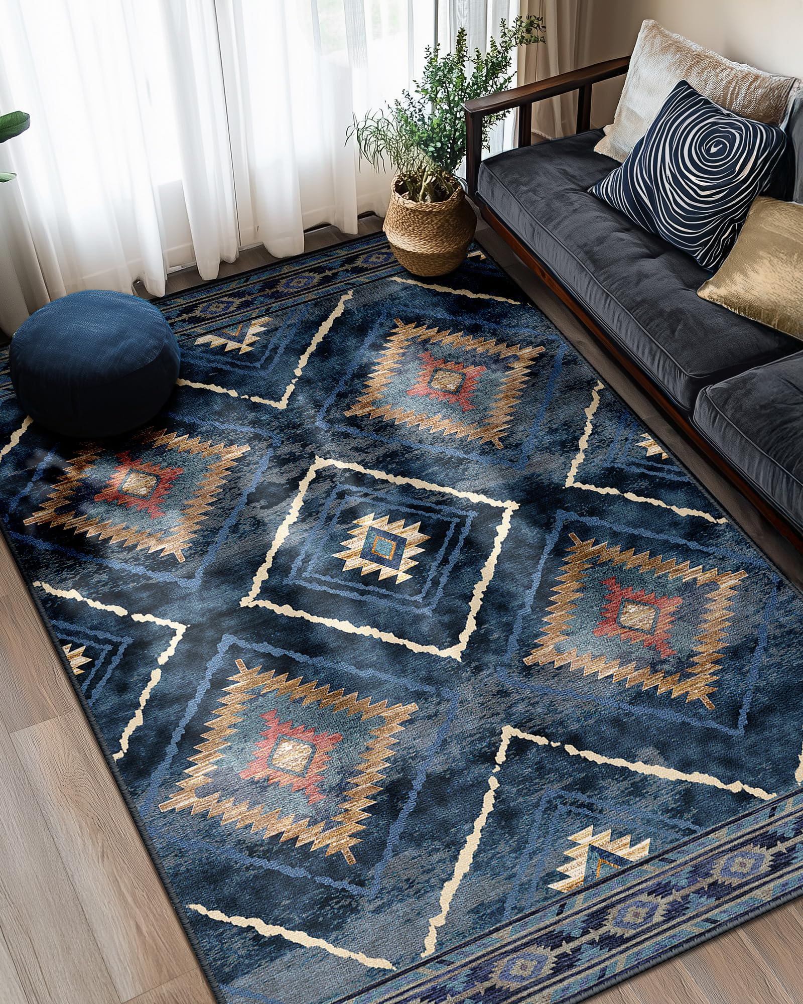 BESTSWEETIE Area Rug 5x7 Rug Machine Washable Non-Slip Low Pile Print Pattern Western Rug for Living Room Bedroom Entryway Tribal Series -Black