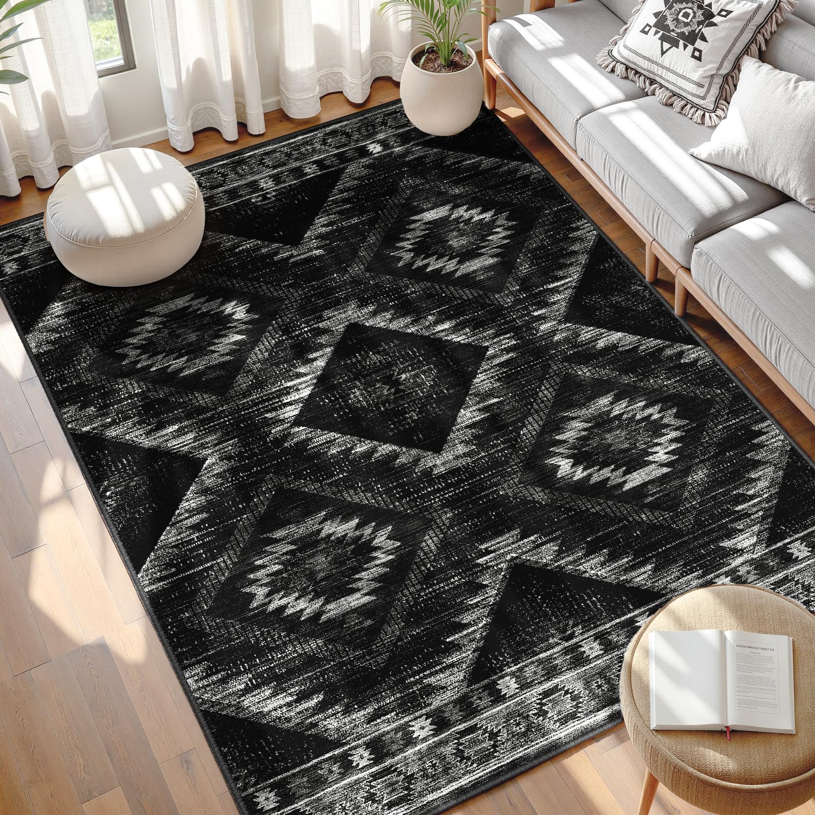 BESTSWEETIE Area Rug 5x7 Rug Machine Washable Non-Slip Low Pile Print Pattern Western Rug for Living Room Bedroom Entryway Tribal Series -Black