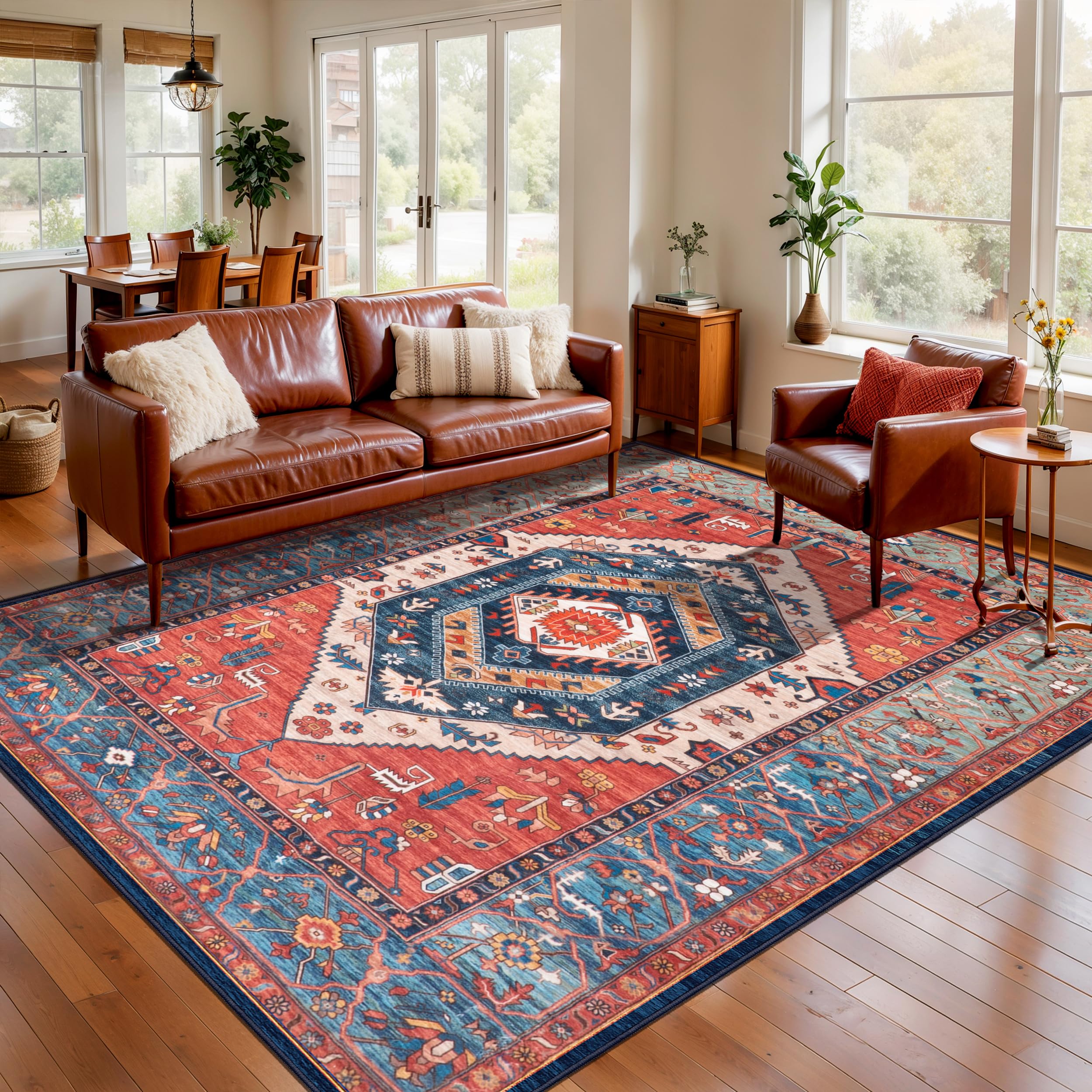 SERISSA Washable Rugs 8x10 Area Rugs, Large Non-Slip Boho Living Room Rust Rug, Ultra Soft Vintage Print Distressed Oriental Tribal Farmhouse Carpet for Dining Room Bedroom Dorm Office Home Decor