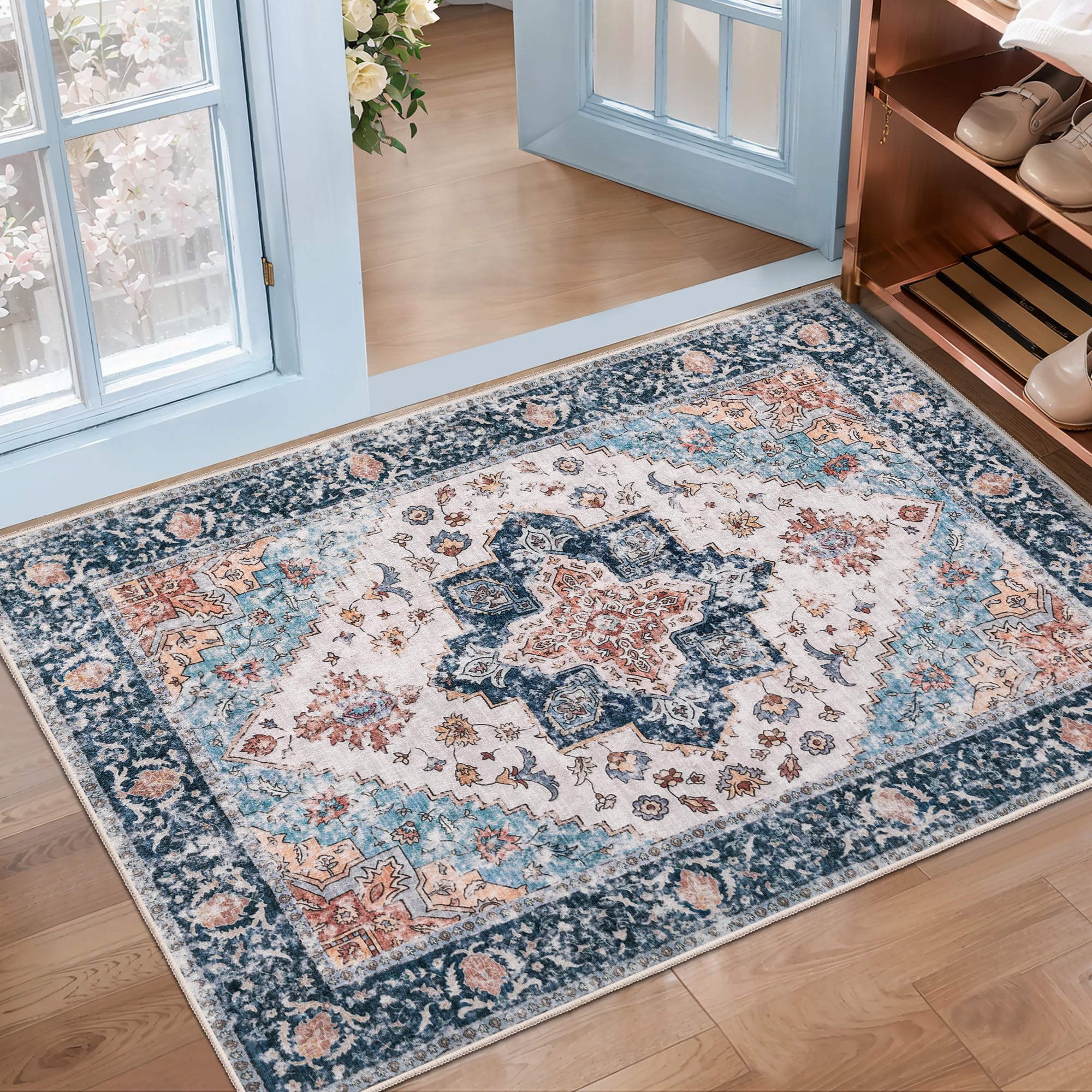 SERISSA Washable Rugs 8x10 Area Rugs, Large Non-Slip Boho Living Room Rust Rug, Ultra Soft Vintage Print Distressed Oriental Tribal Farmhouse Carpet for Dining Room Bedroom Dorm Office Home Decor