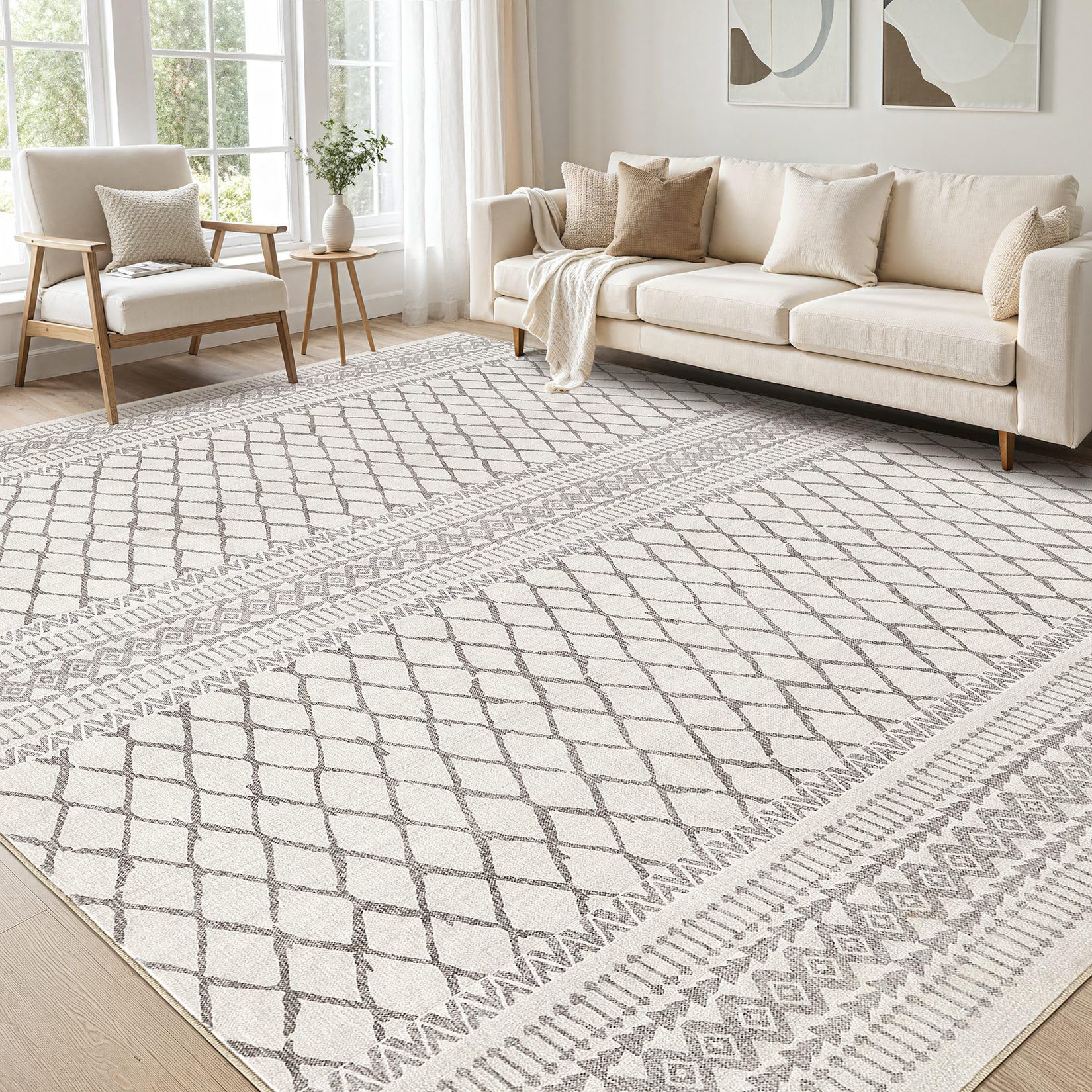 cotiled 5x7 Area Rug Living Room: Washable Boho Rugs with Non Slip Backing Large Soft Indoor Stain Resistant Carpet for Bedroom Farmhouse Dining Room Lightweight Home Decor L Brown/Cream